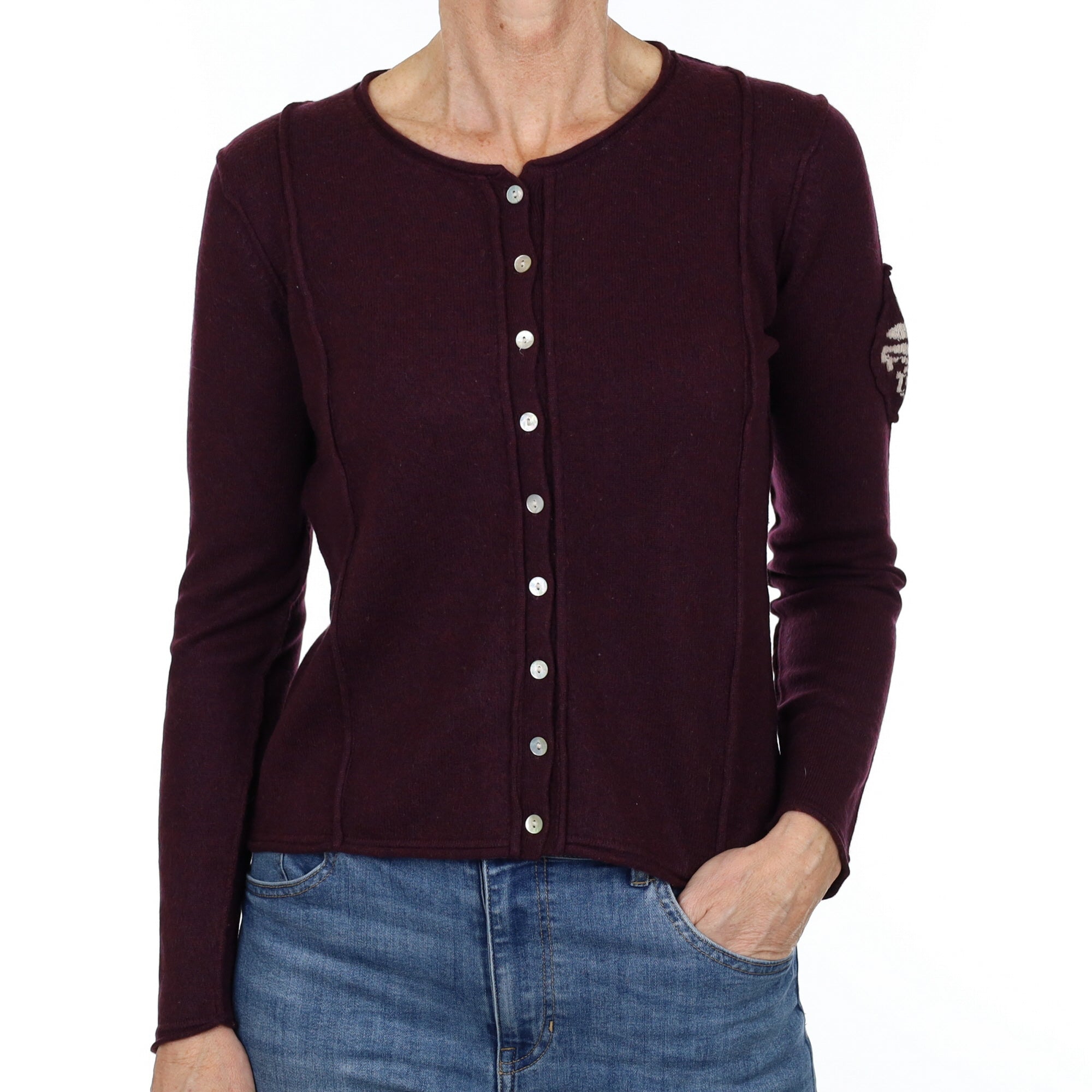 Aubergine Purple Patch Detail Cashmere Crew Neck Cardigan Small