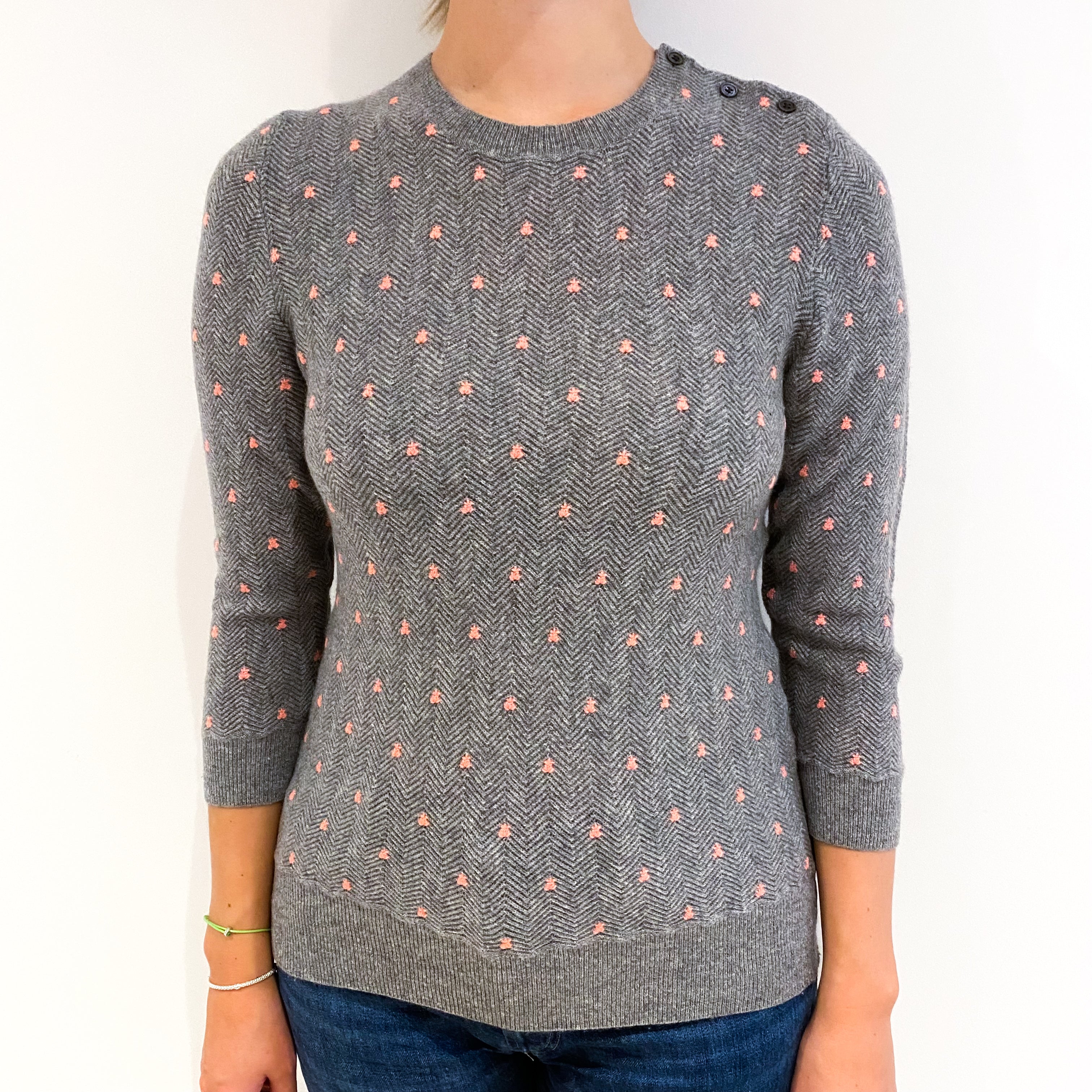 Ash Grey and Coral Cashmere Crew Neck Jumper Small