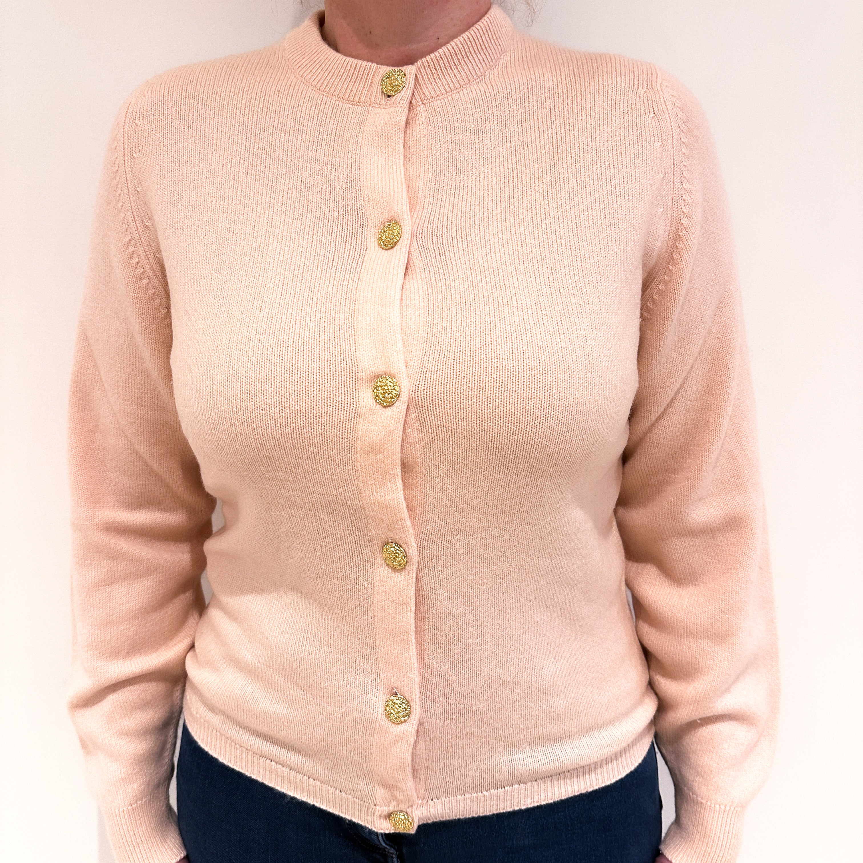 Vintage Scottish Shell Pink Cashmere Crew Neck Cardigan Large