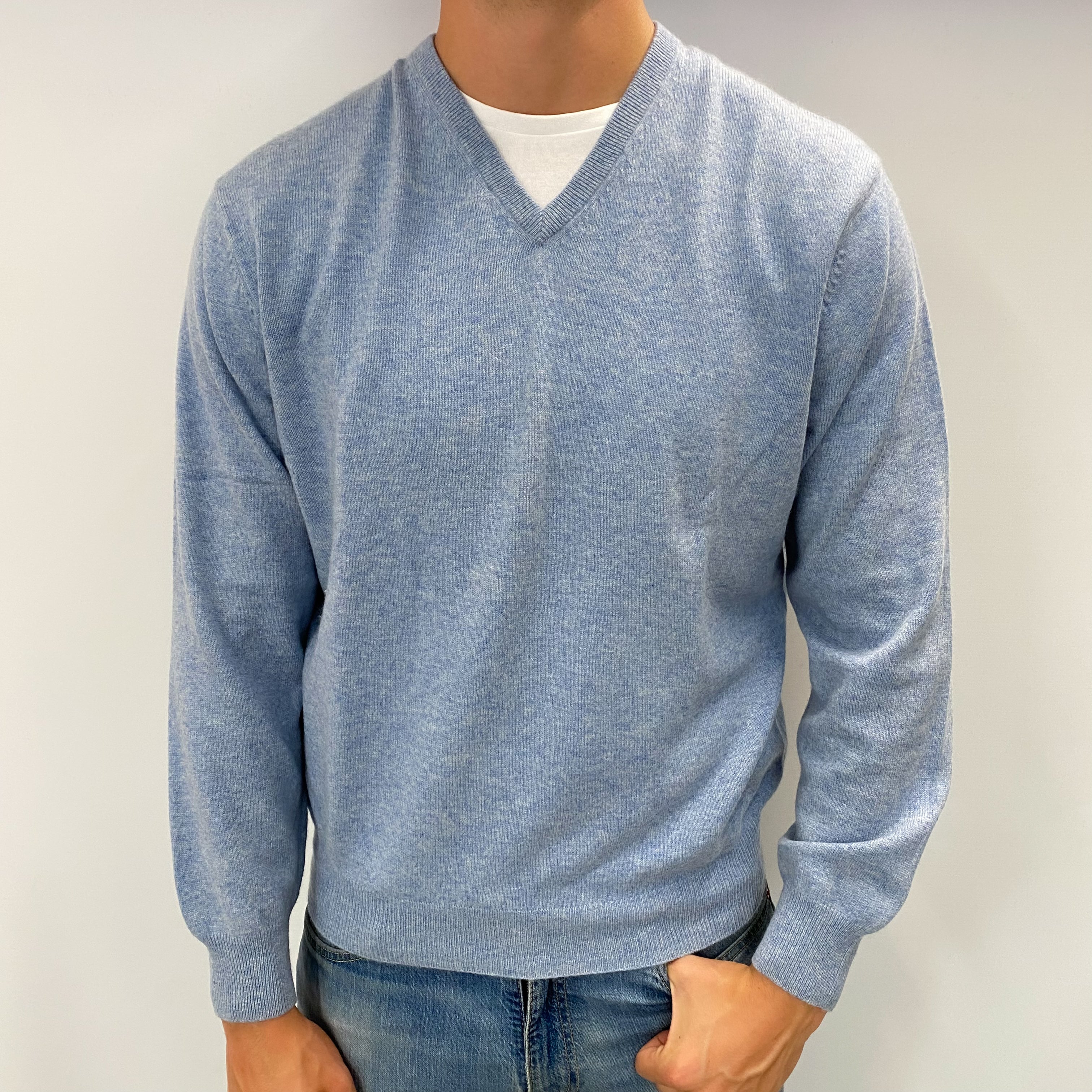 Men's Light Denim Blue Cashmere V Neck Jumper XL