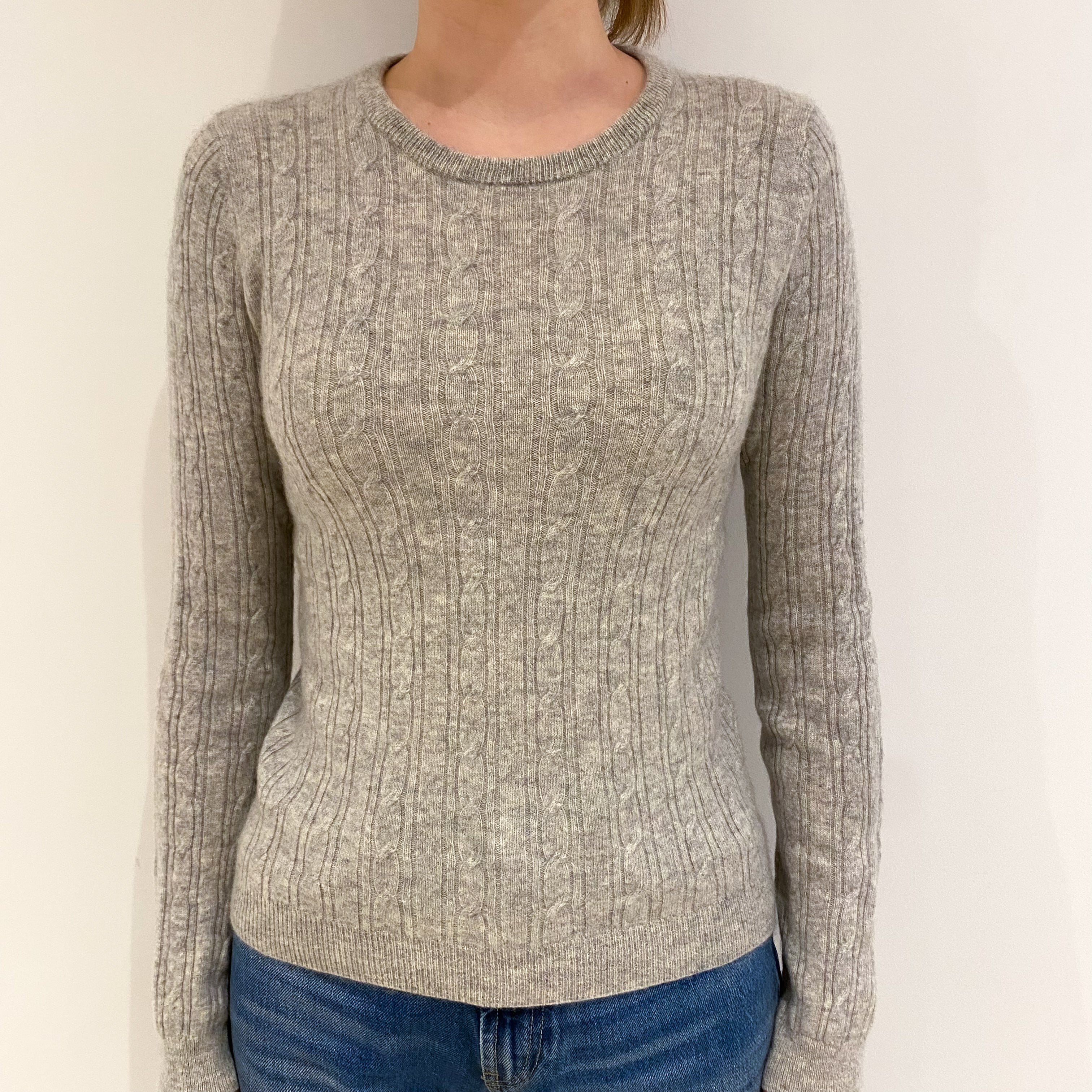 Smoke Grey Cable Cashmere Crew Neck Jumper Extra Small