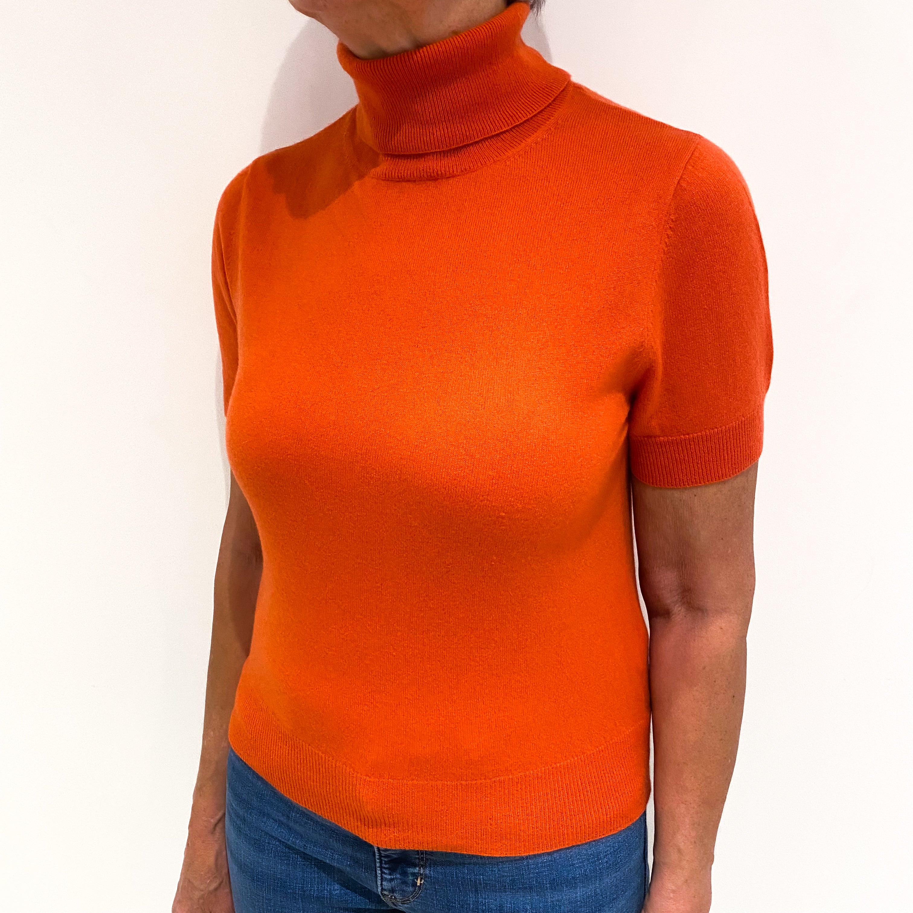 Tangerine Orange Cashmere Short Sleeve Polo Neck Jumper Medium