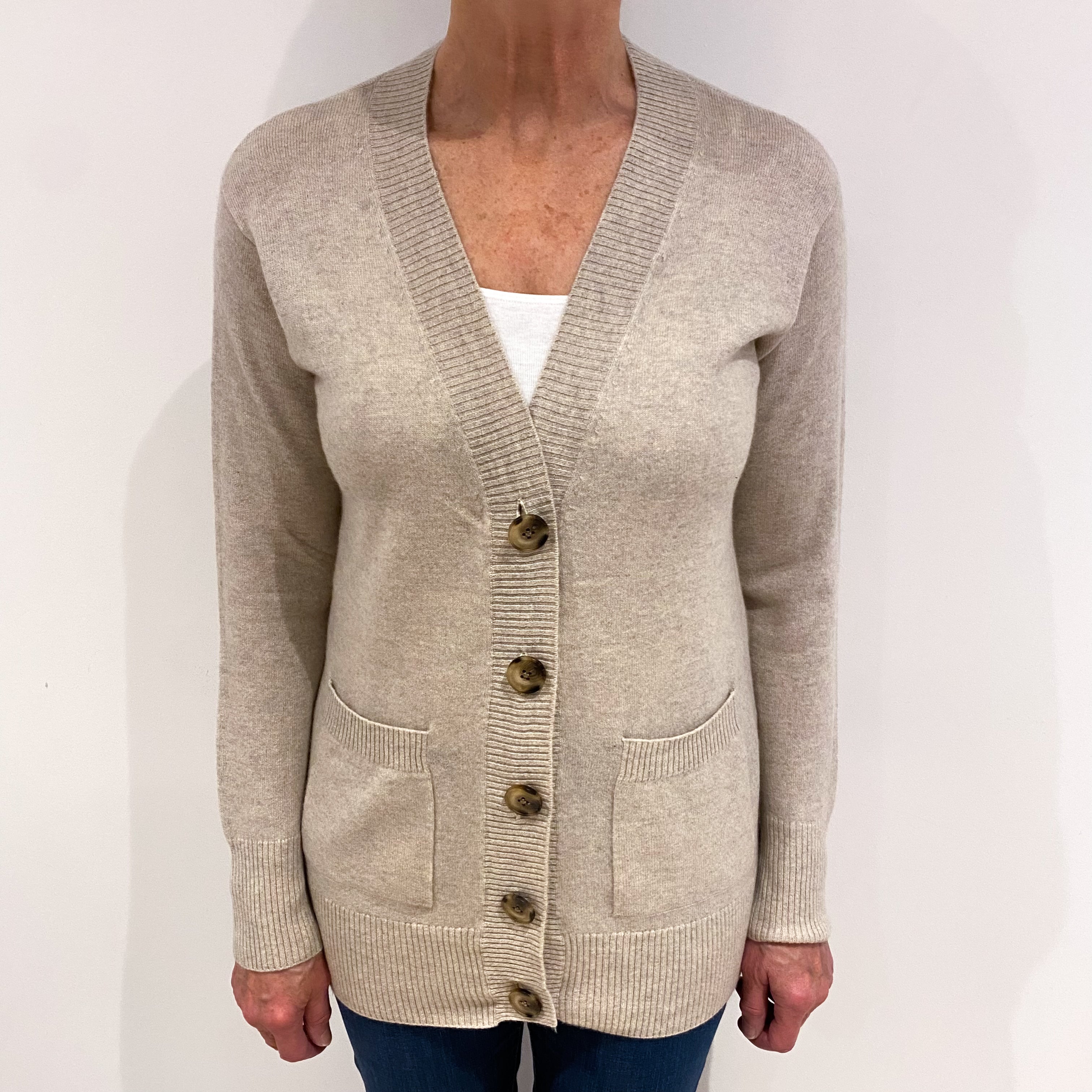 Oatmeal Cashmere V Neck Cardigan with Pockets Medium