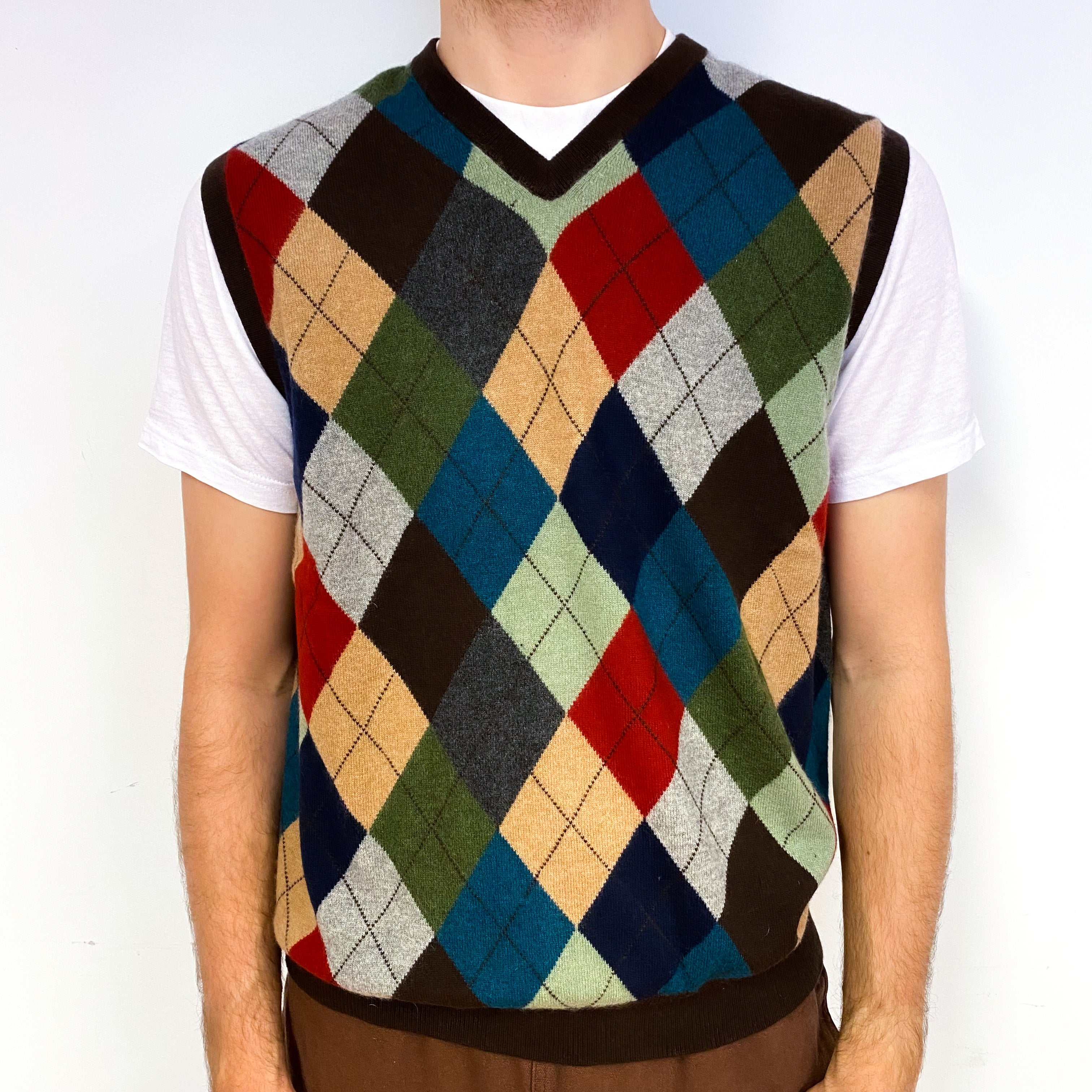Men's Chocolate Brown Harlequin Cashmere V-Neck Tank Top Large