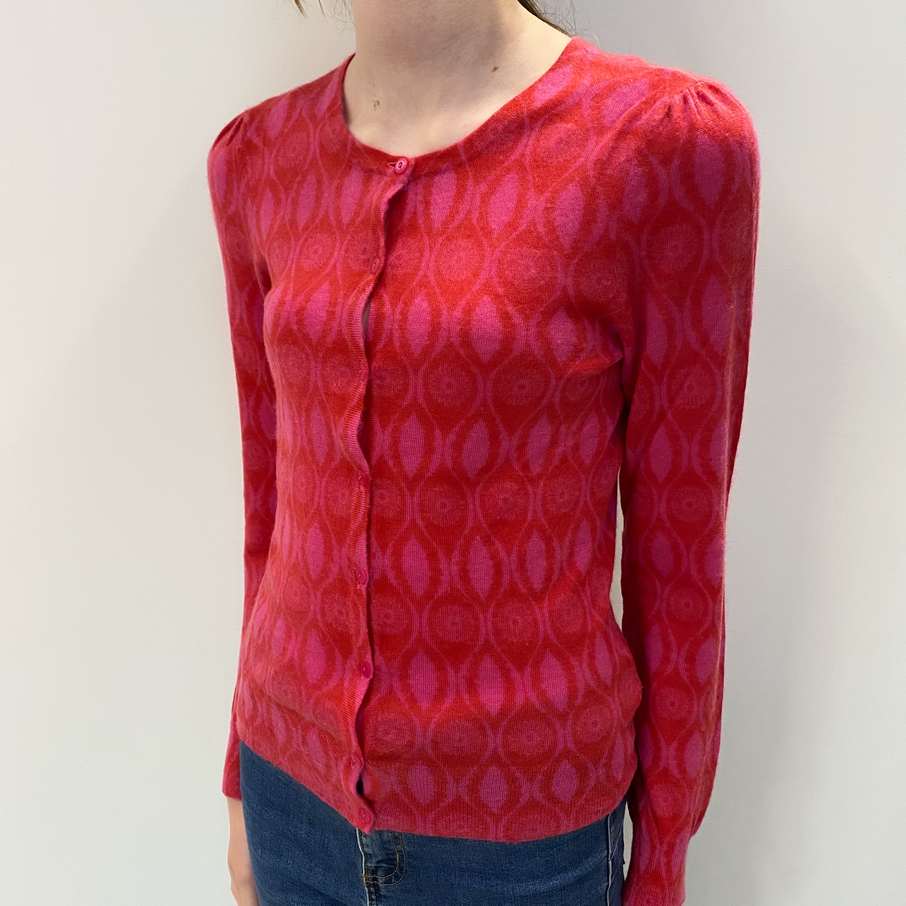 Red and Pink Patterned Cashmere Crew Cardigan Extra Small