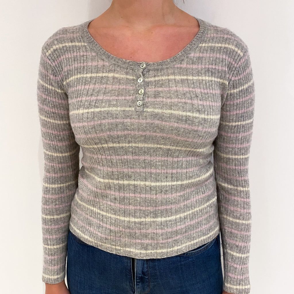 Smoke Grey Striped Cashmere Scoop Neck Jumper Small