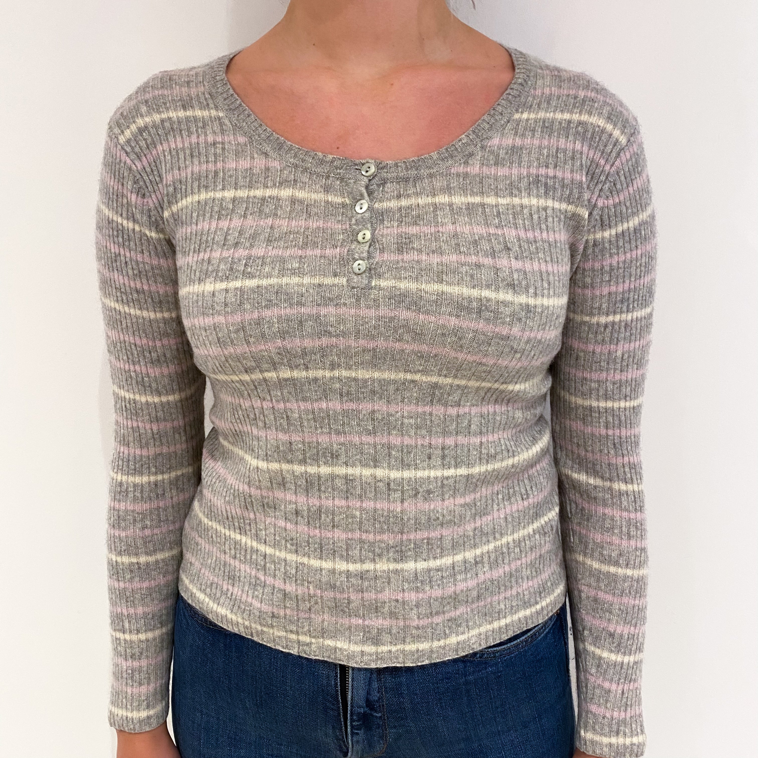 Smoke Grey Striped Cashmere Scoop Neck Jumper Small