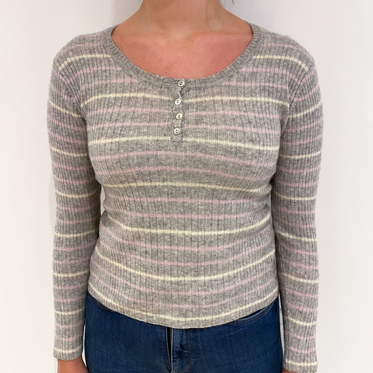 Smoke Grey Striped Cashmere Scoop Neck Jumper Small