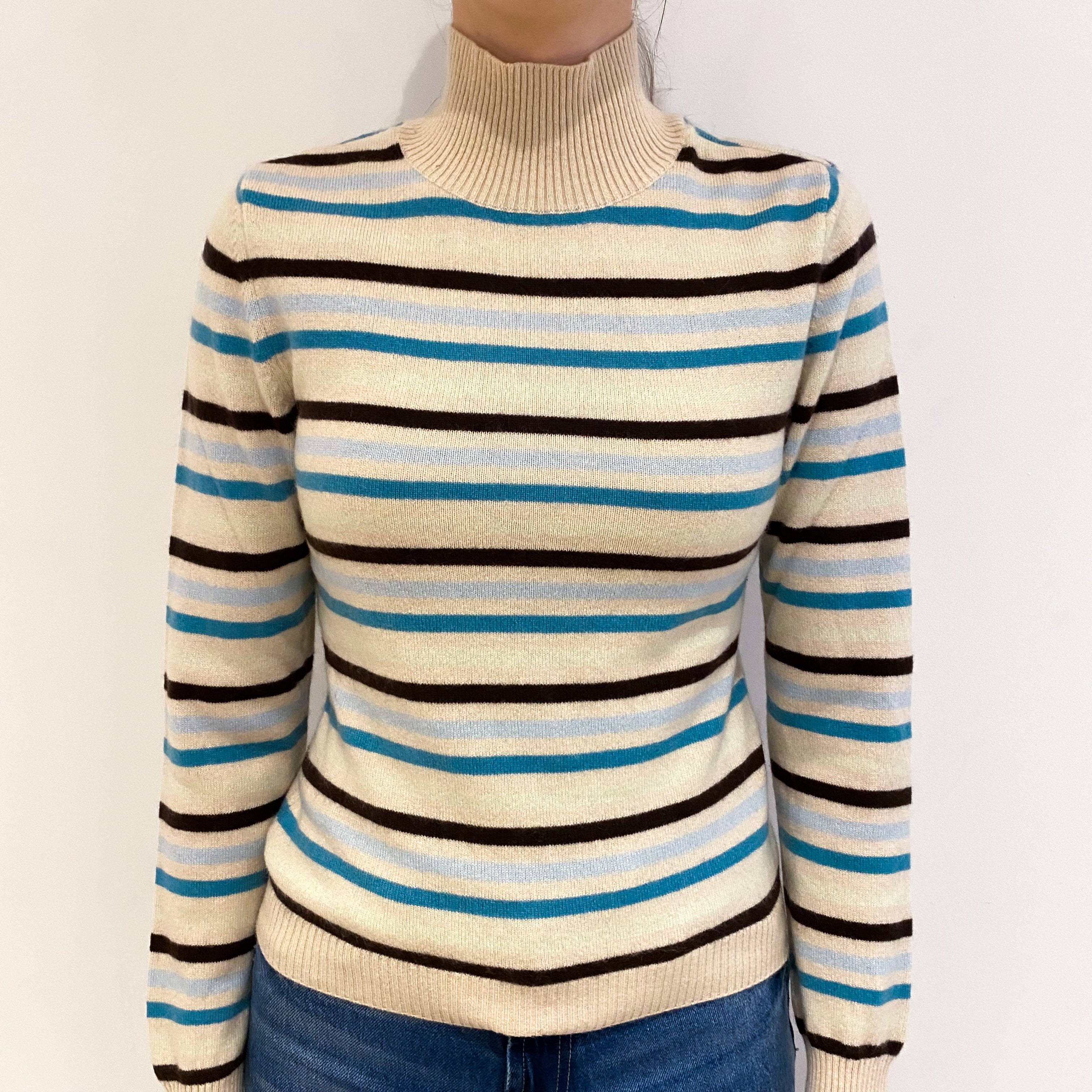 Beige and Blue Stripe Cashmere Turtle Neck Jumper Extra Small