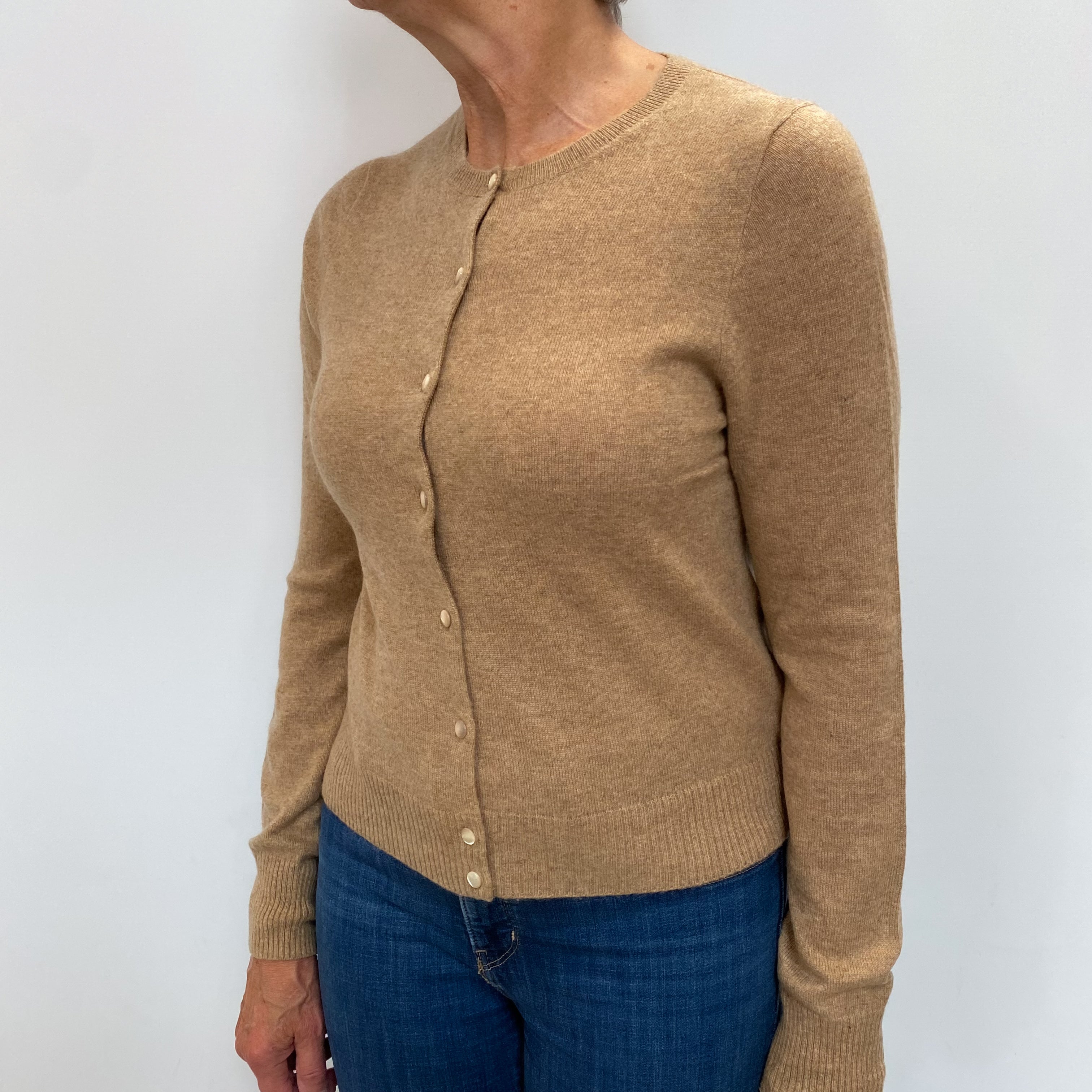 Camel Marl Cashmere Crew Neck Cardigan Medium