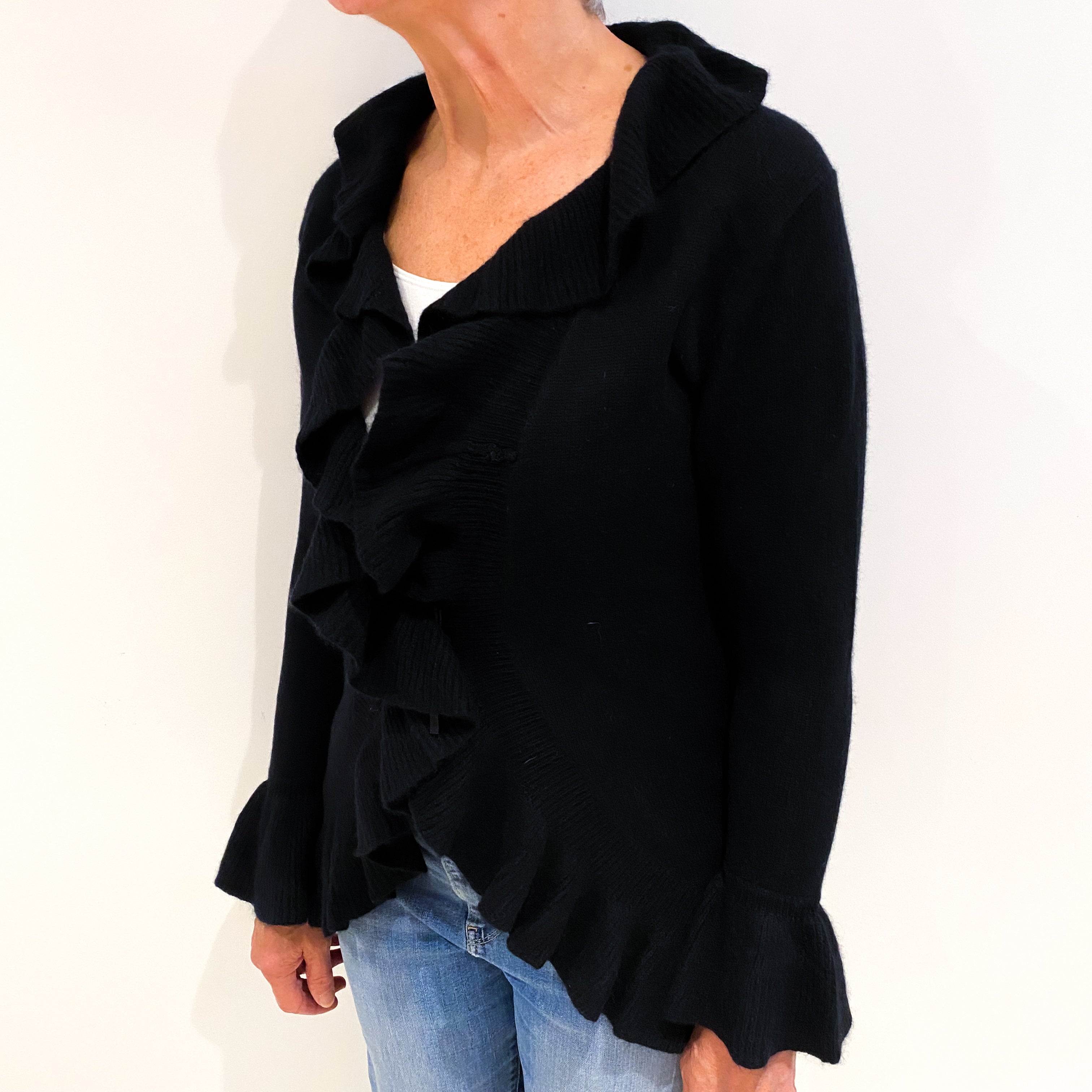 Black Cashmere Ruffle Edged Cardigan Medium