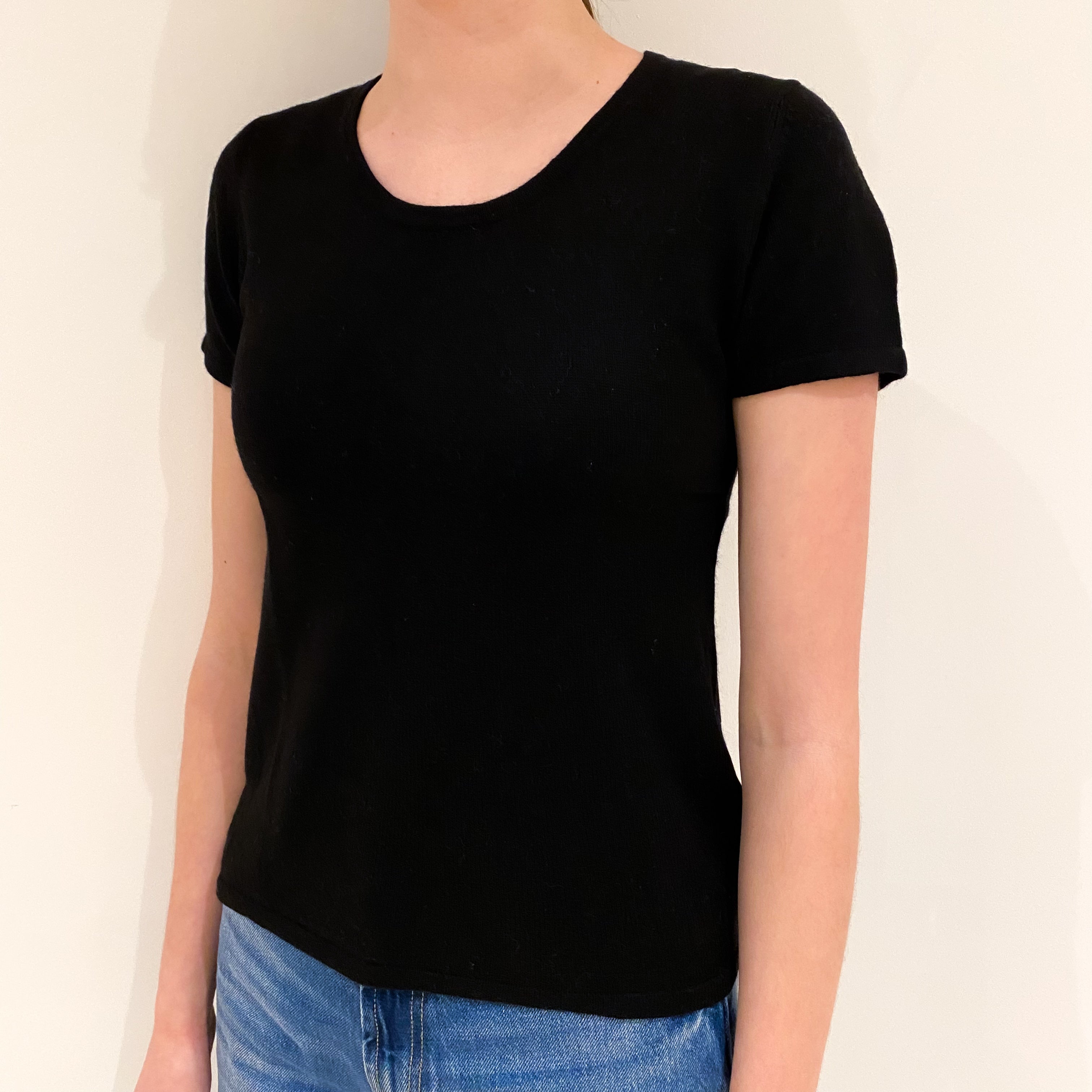 Black Cashmere Short Sleeved Crew Neck Jumper Extra Small