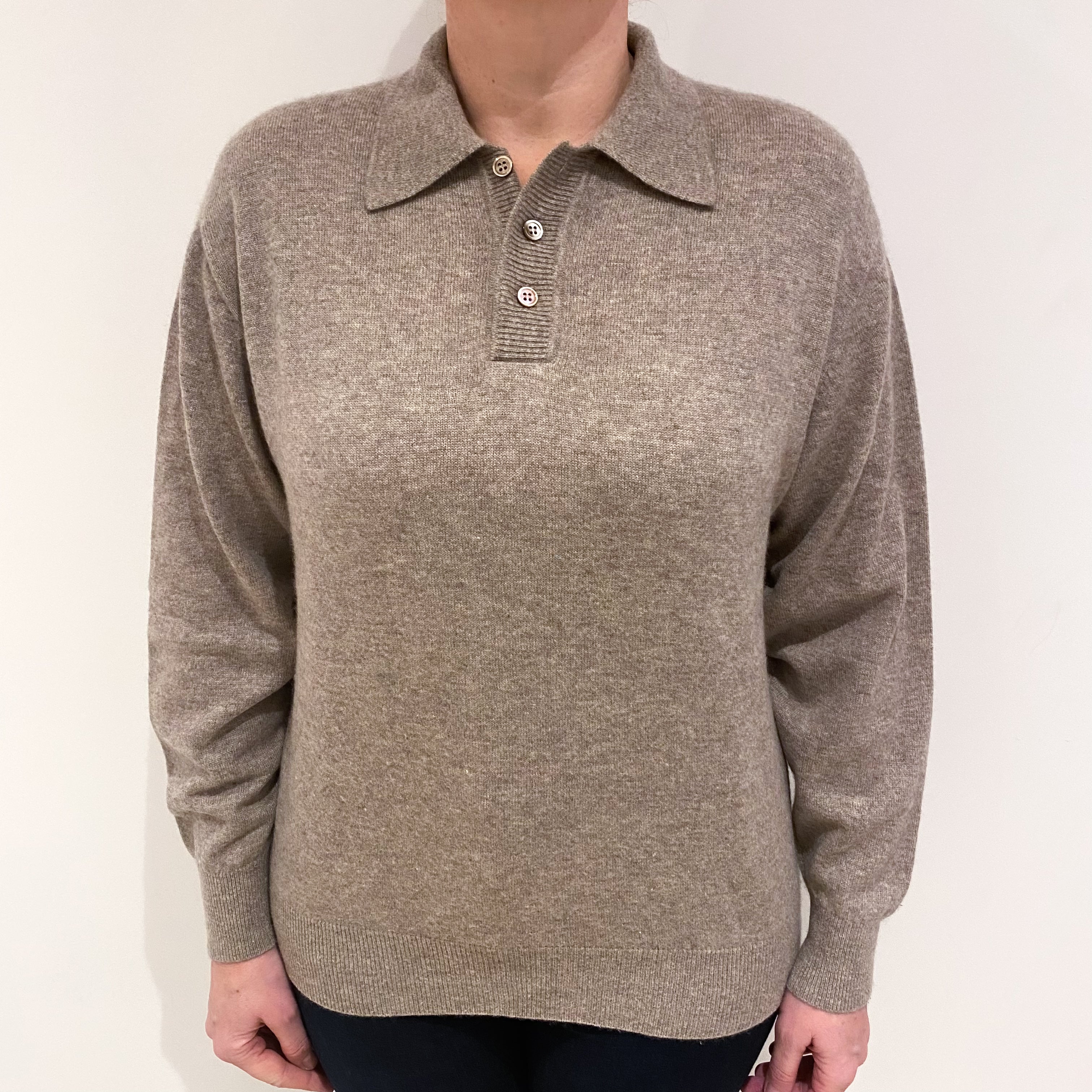 Fawn Brown Cashmere Crew Neck 1/4 Button Jumper Large
