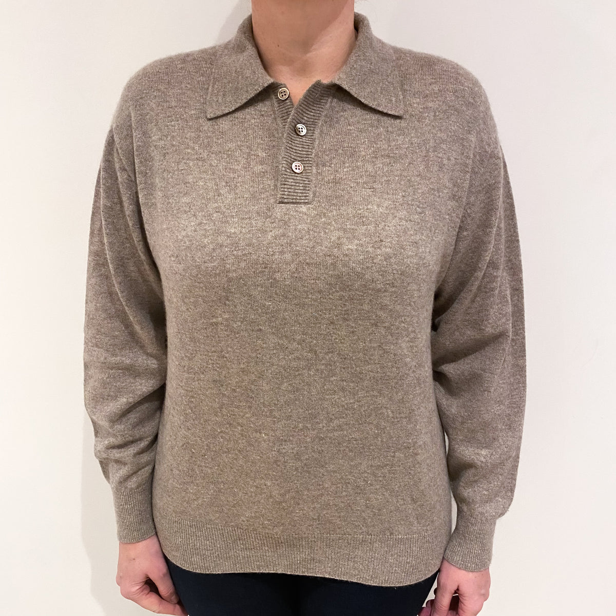 Fawn Brown Cashmere Crew Neck 1/4 Button Jumper Large