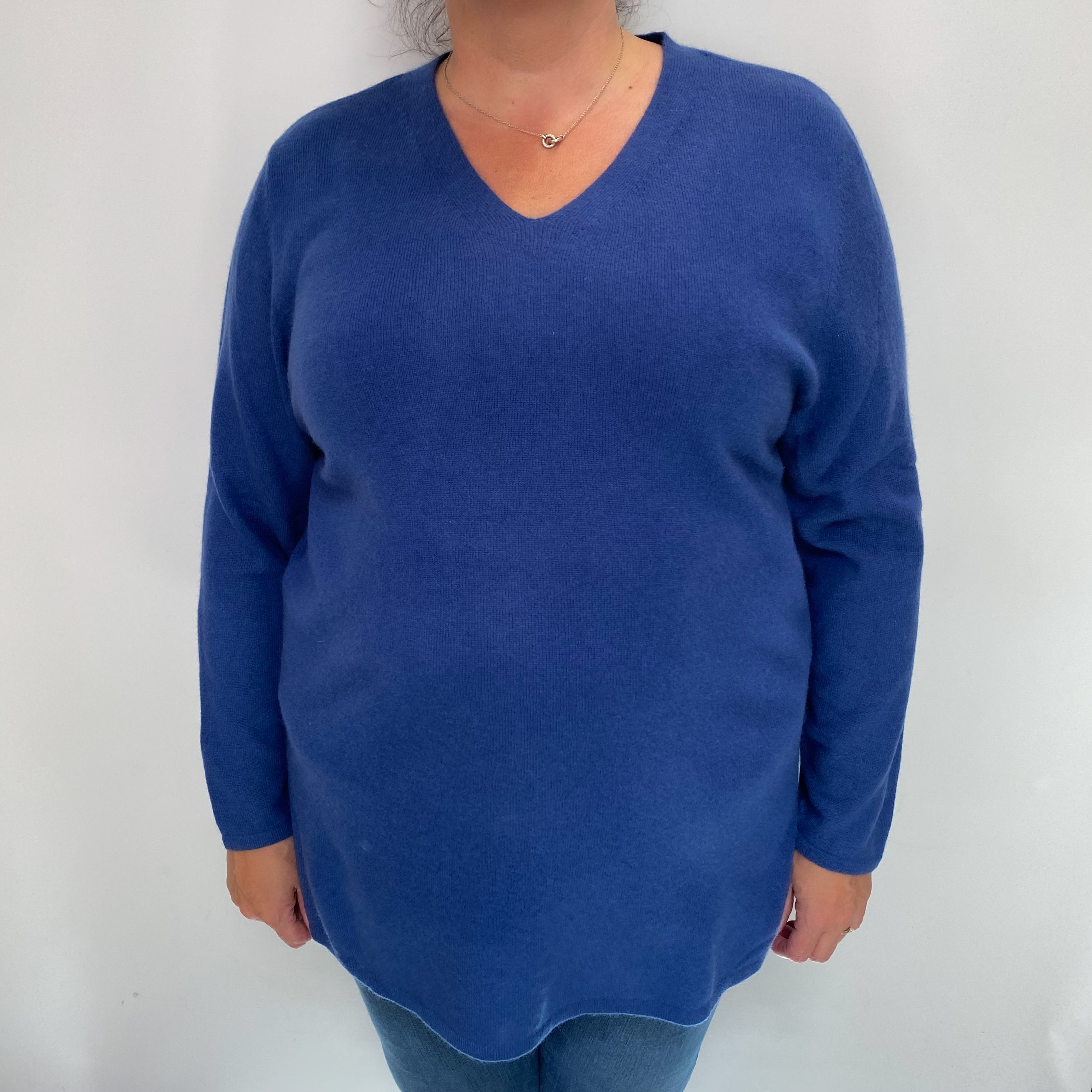 Deep Air Force Blue Cashmere V Neck Jumper Extra Large