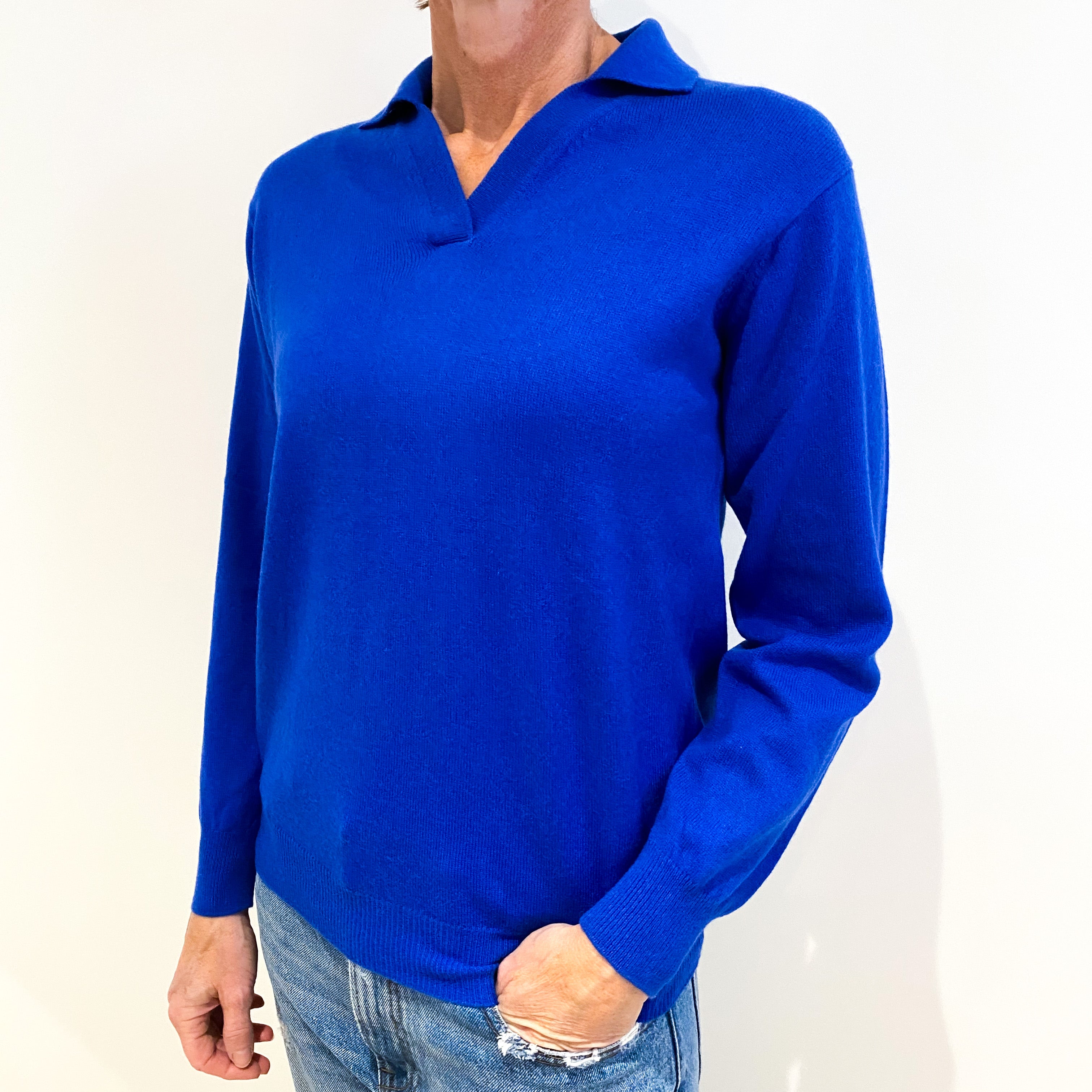 Royal Blue Cashmere Collared V-Neck Jumper Small