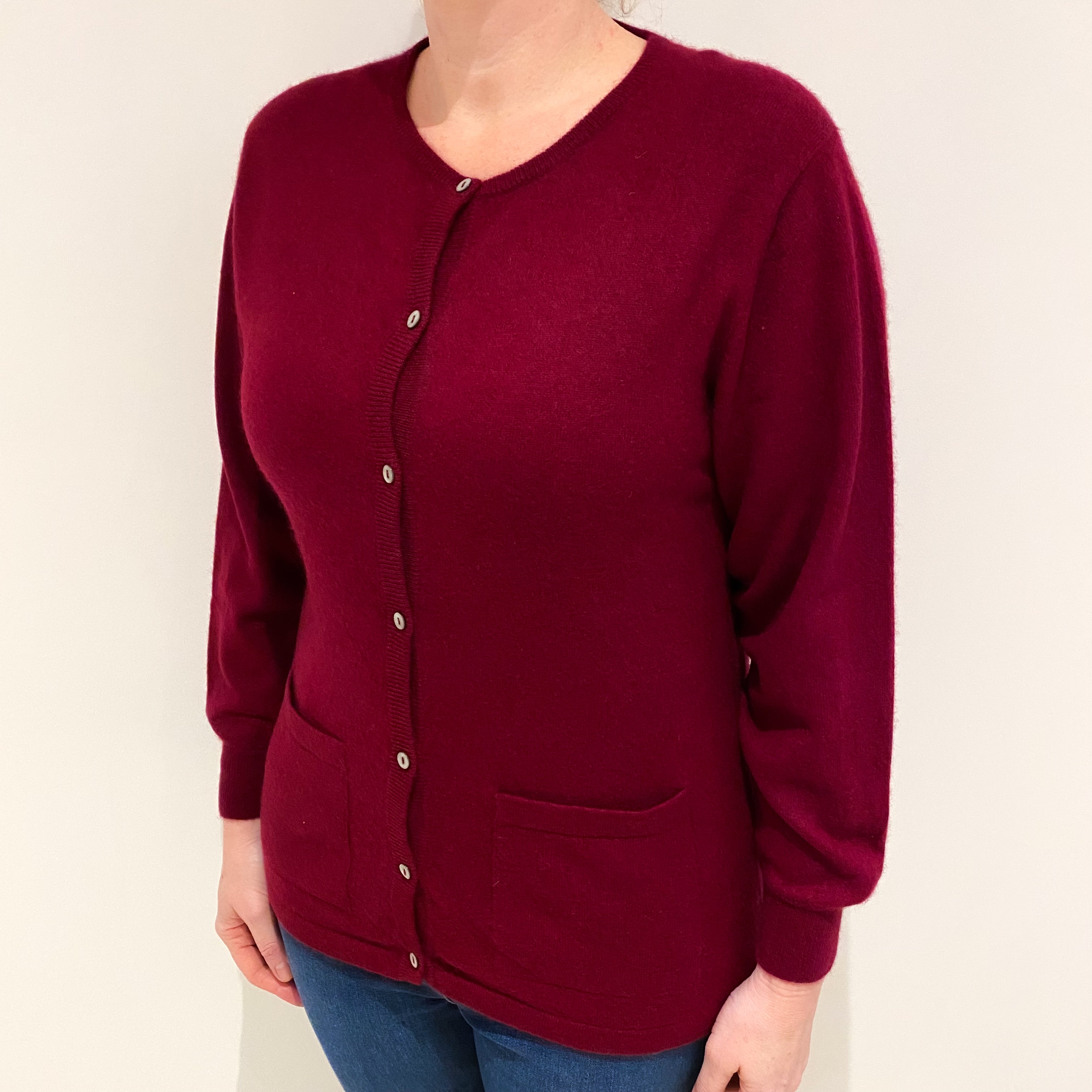 Garnet Red Cashmere Crew Neck Cardigan with Pockets Large