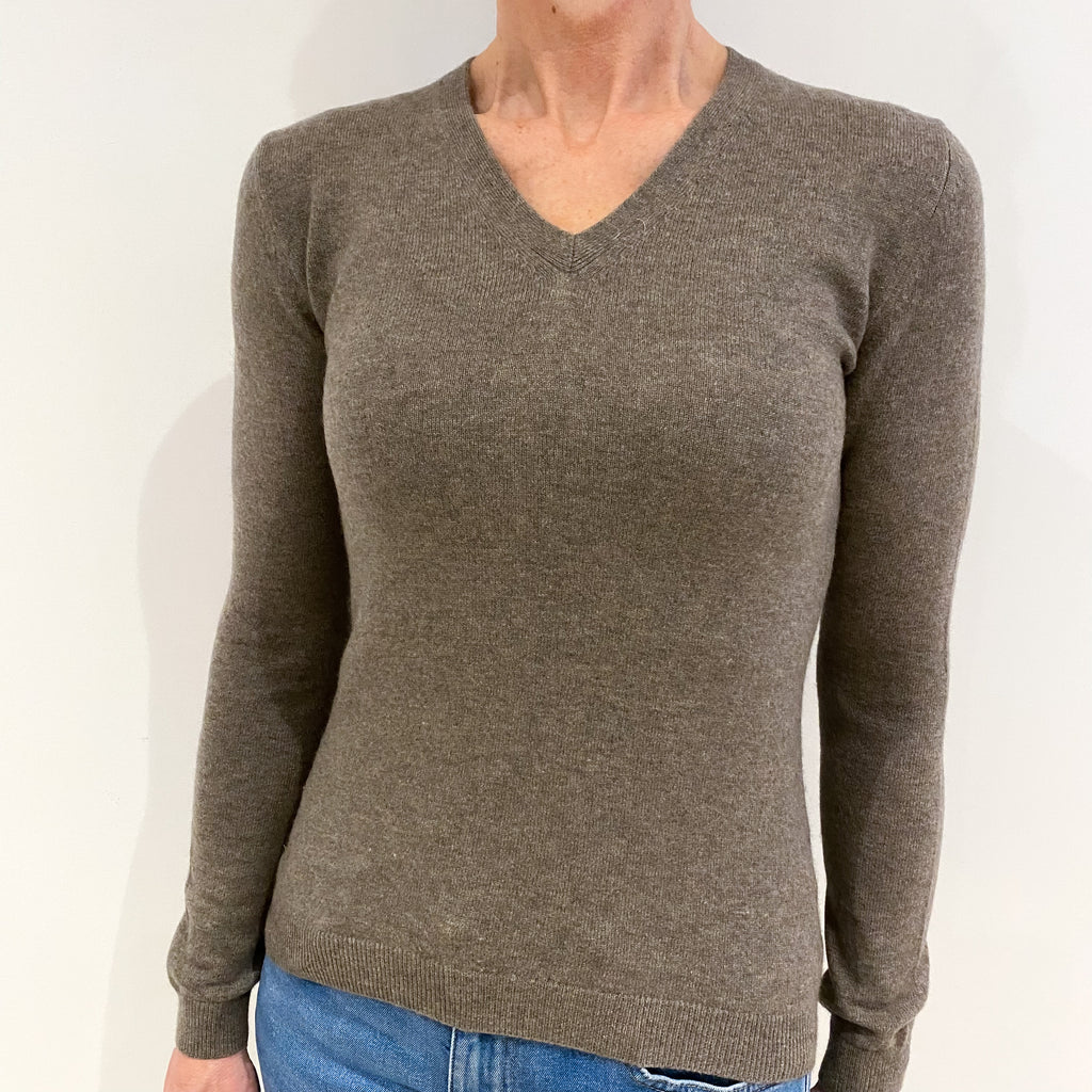 Taupe Brown Cashmere V Neck Jumper Small