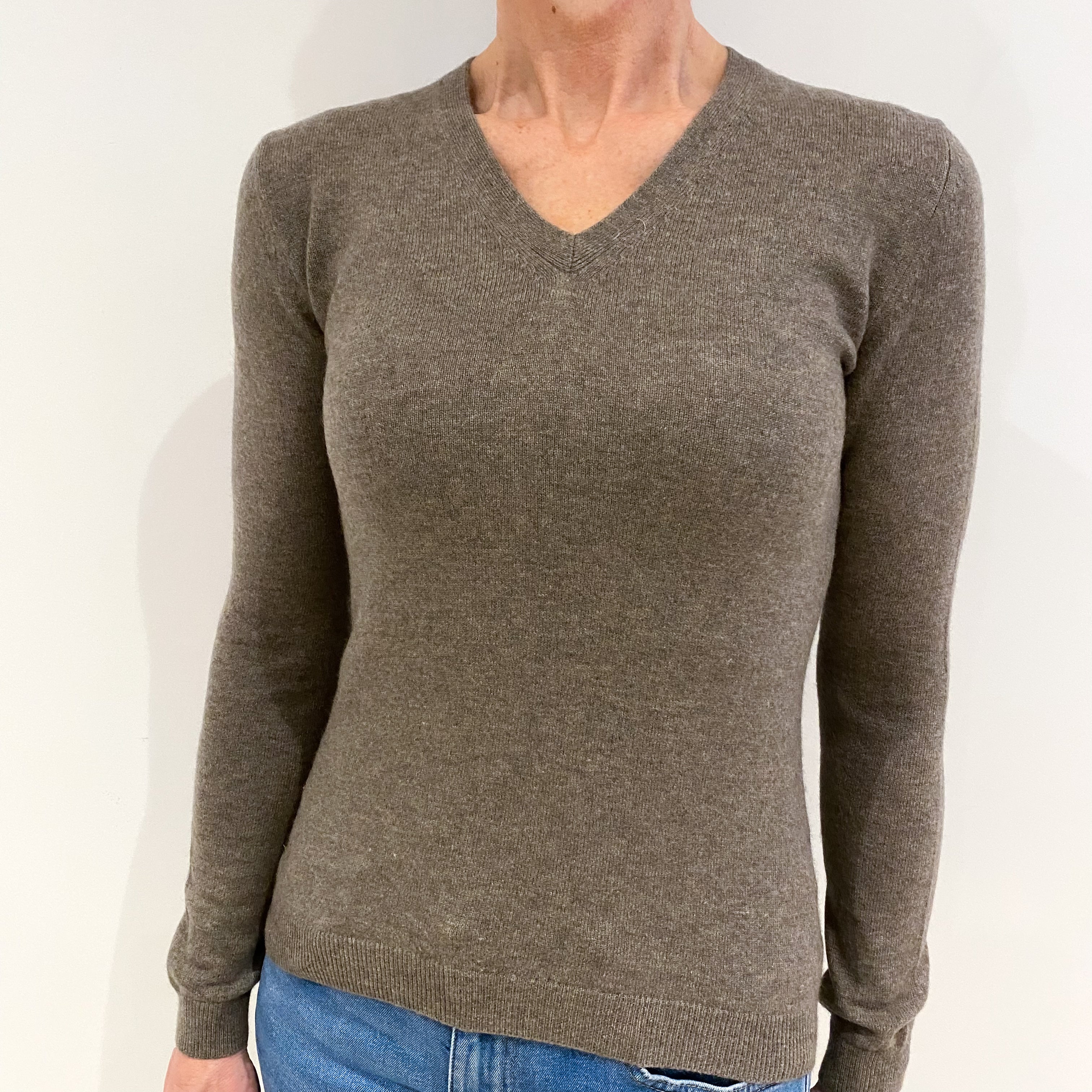 Taupe Brown Cashmere V Neck Jumper Small