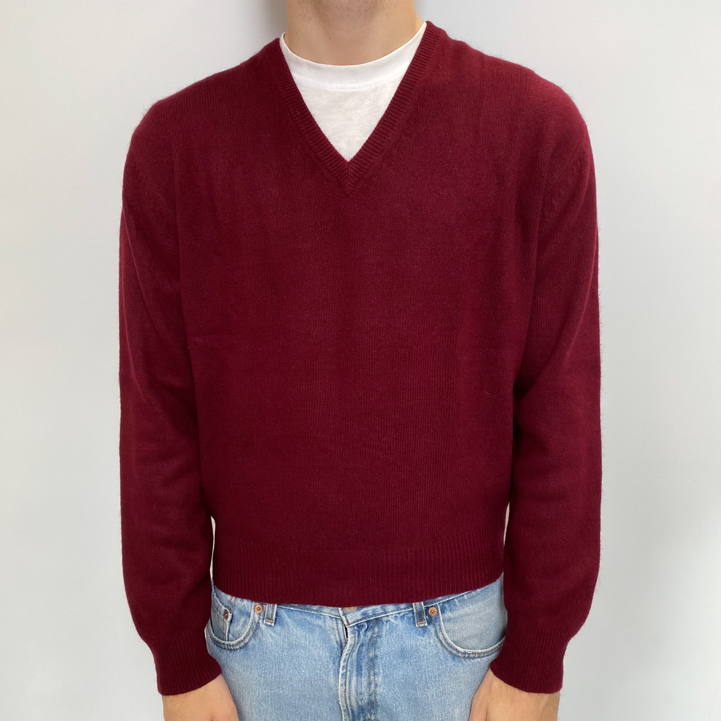 Men's Burgundy Red Cashmere V Neck Jumper Large