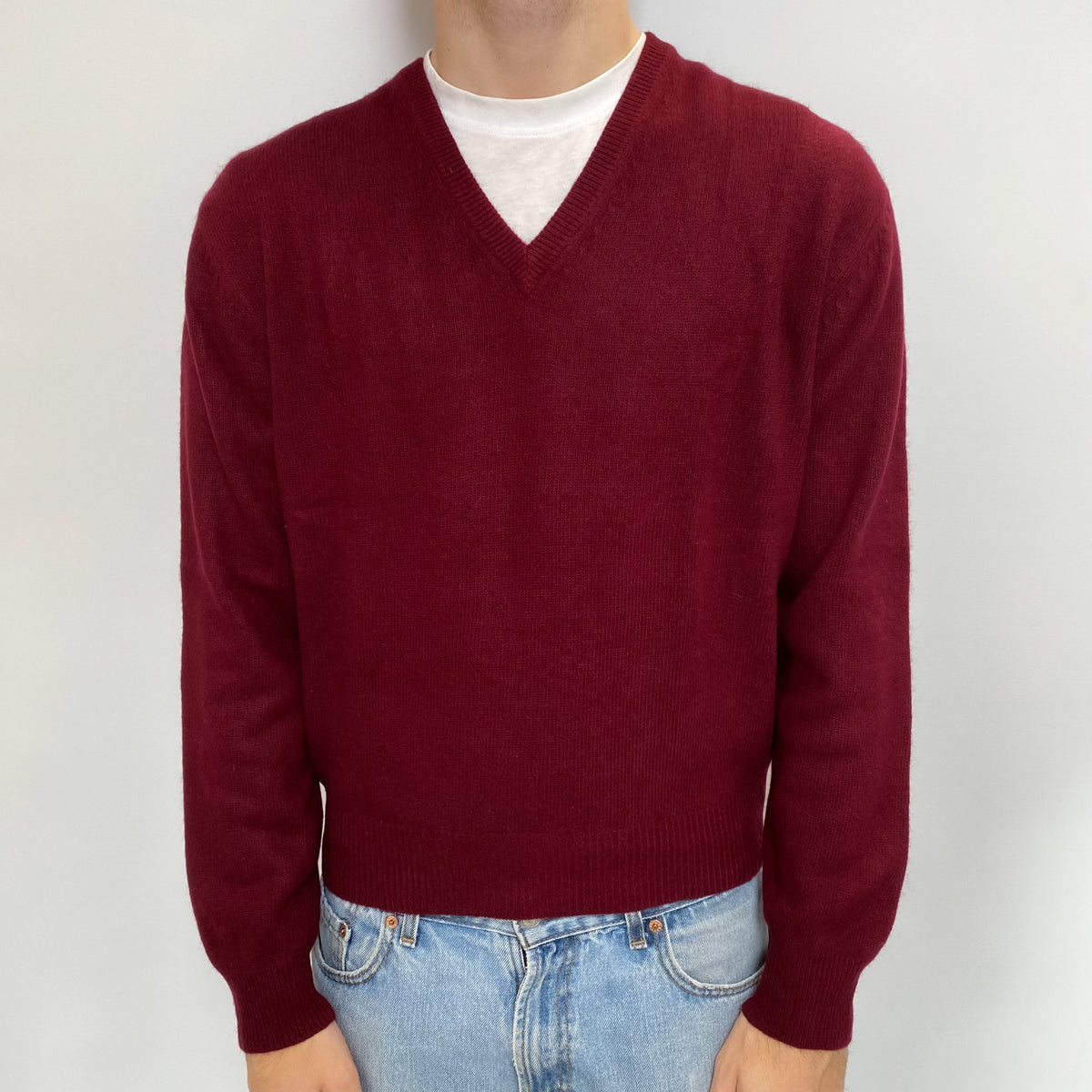 Men's Burgundy Red Cashmere V Neck Jumper Large