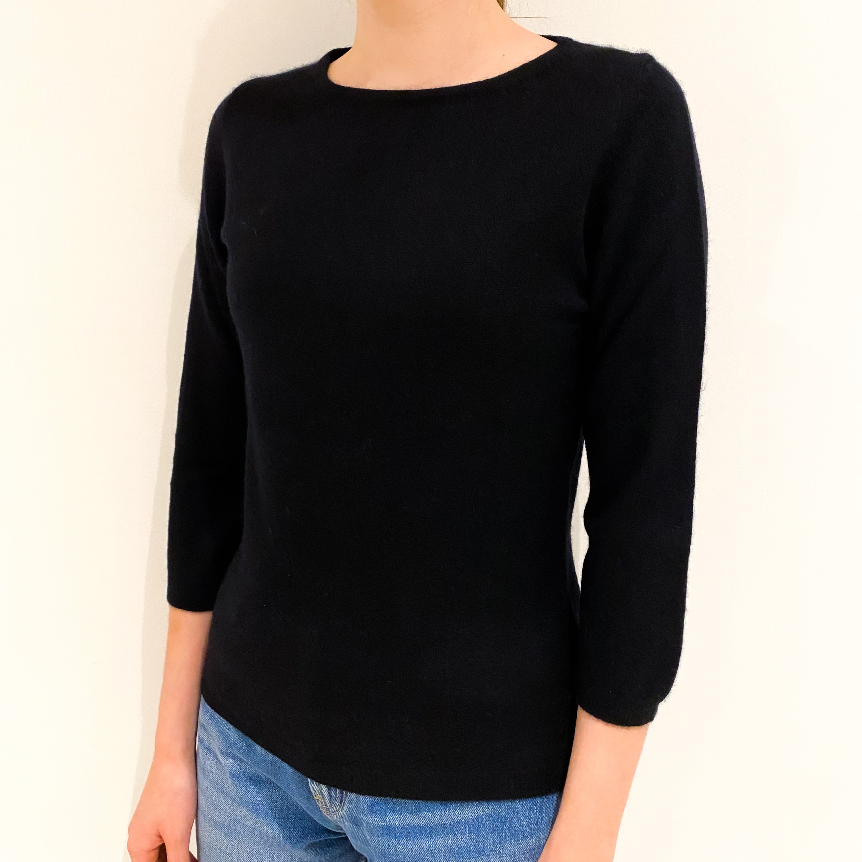 Black 3/4 Sleeved Cashmere Crew Neck Jumper Extra Small
