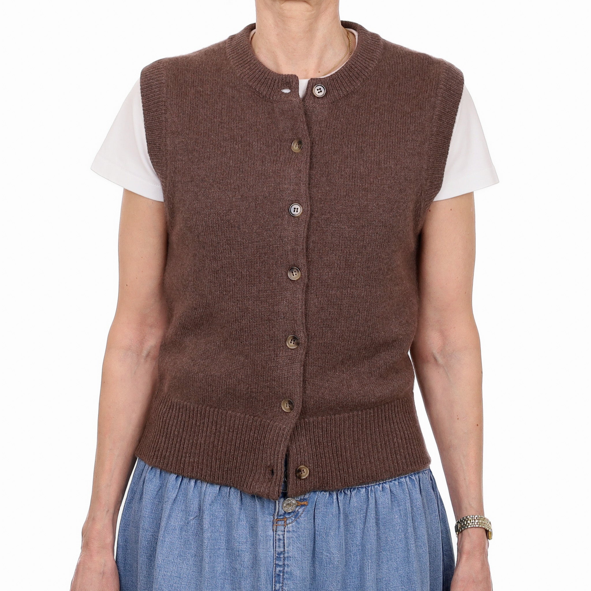 Brand New Mocha Luxury Cashmere Crew Neck Waistcoat Extra Small UK 6-8