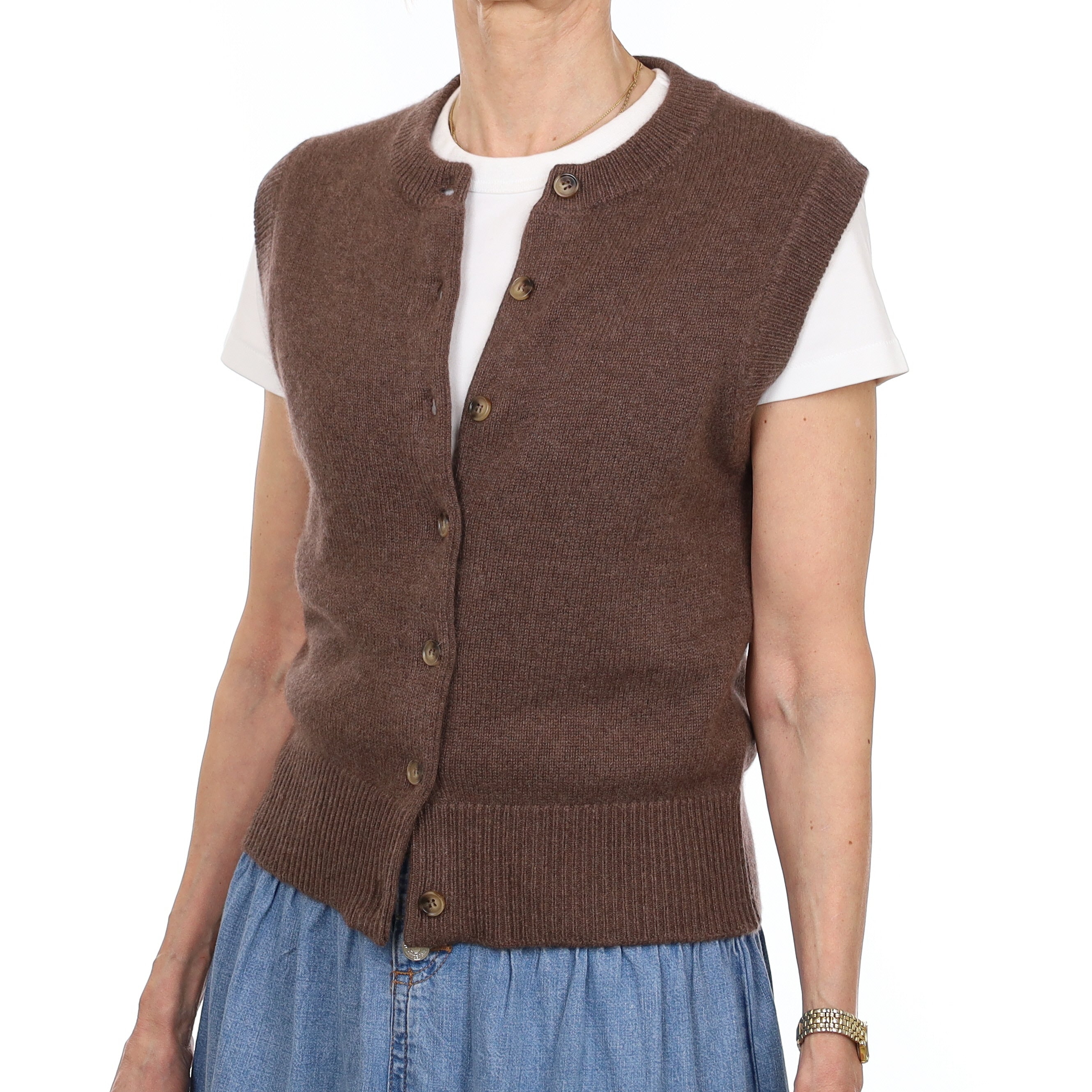 Brand New Mocha Luxury Cashmere Crew Neck Waistcoat Extra Small UK 6-8