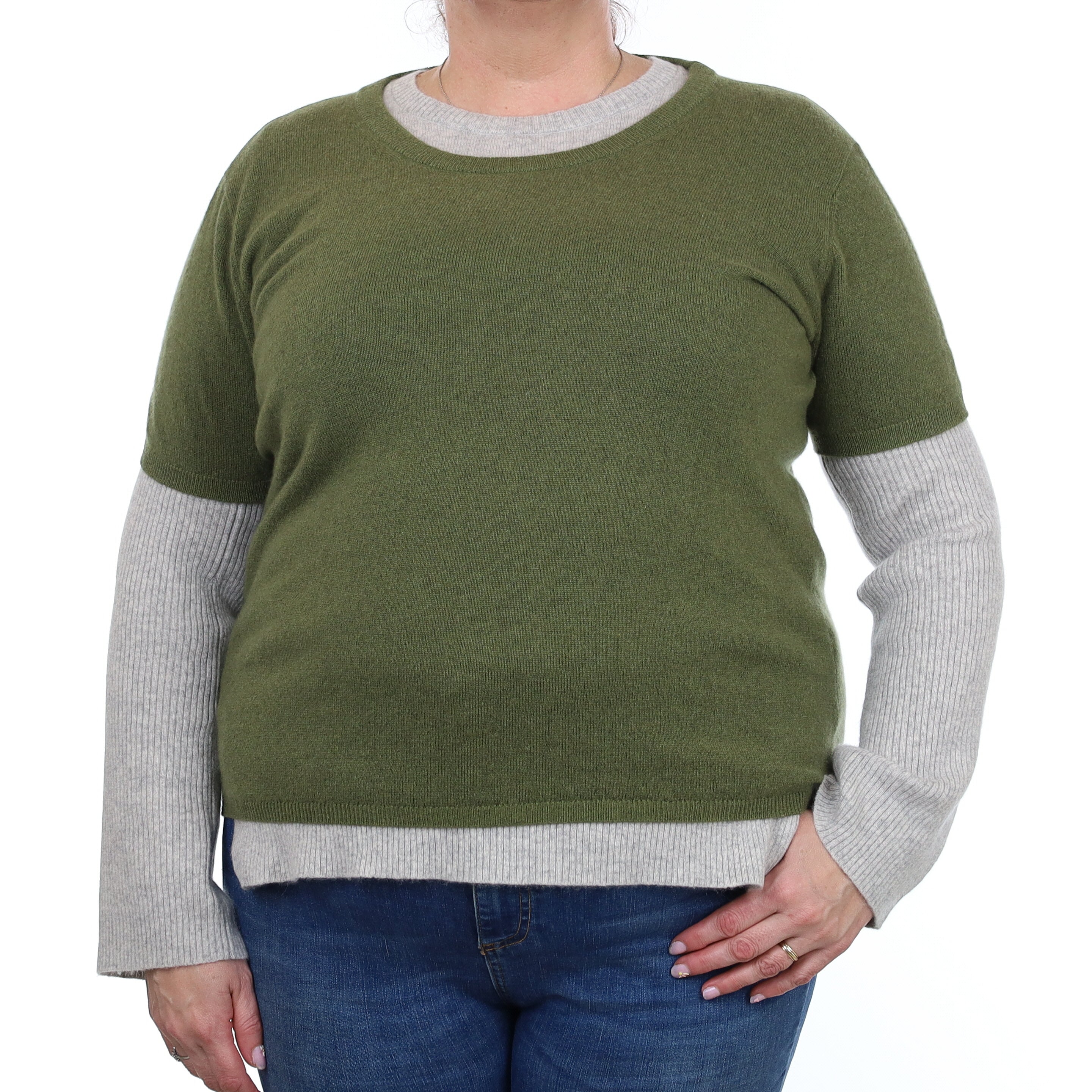 Brand New Olive Green Cashmere Crew Neck T-Shirt Extra Large UK 20-22