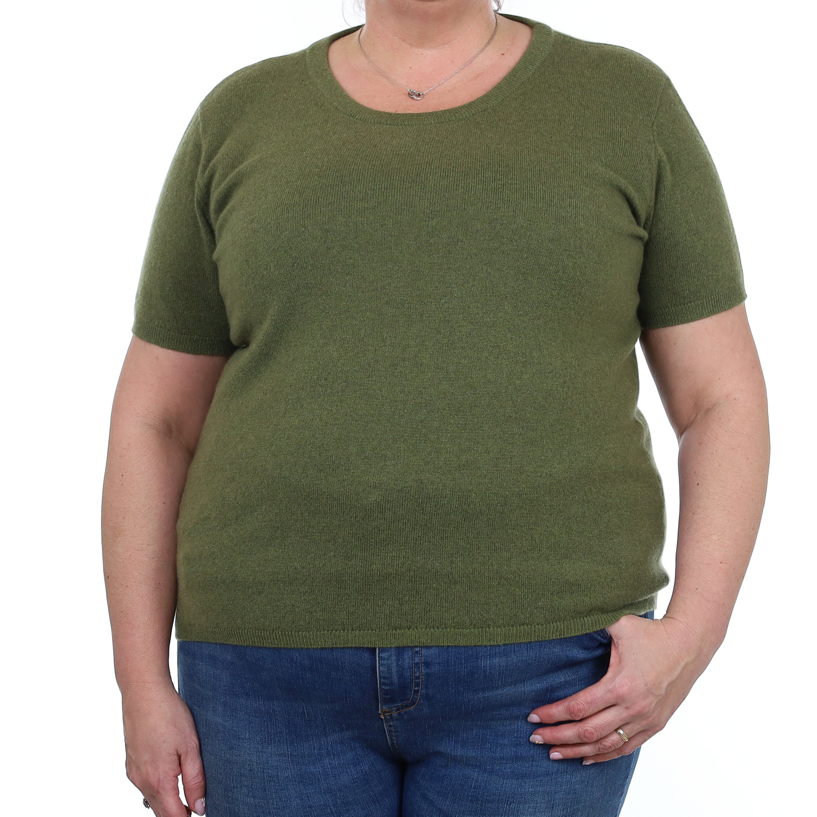 Brand New Olive Green Cashmere Crew Neck T-Shirt Extra Large UK 20-22