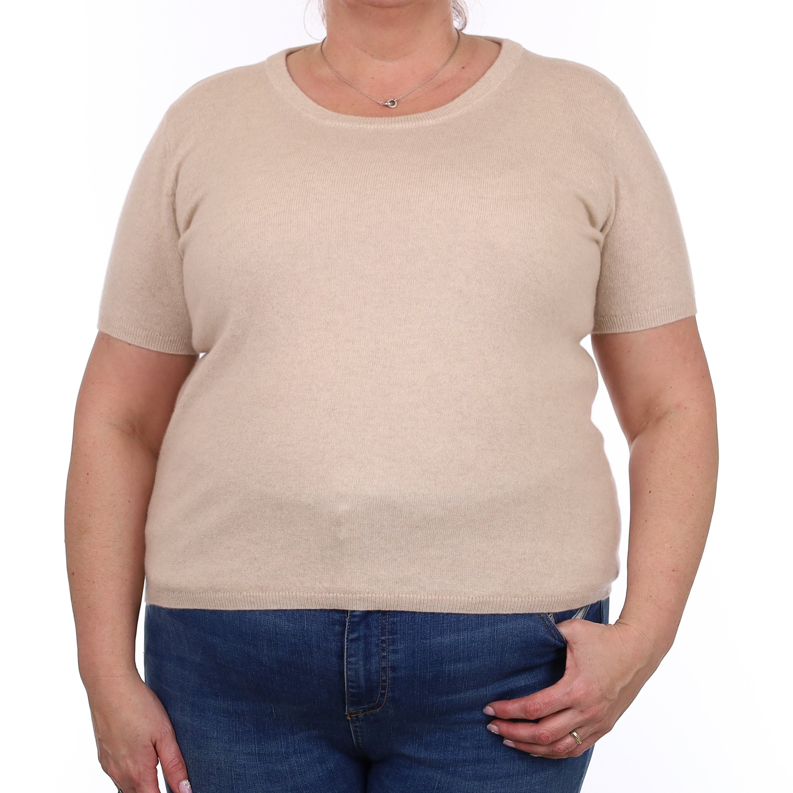 Brand New Sand Beige Cashmere Crew Neck T-Shirt Extra Large UK 20-22