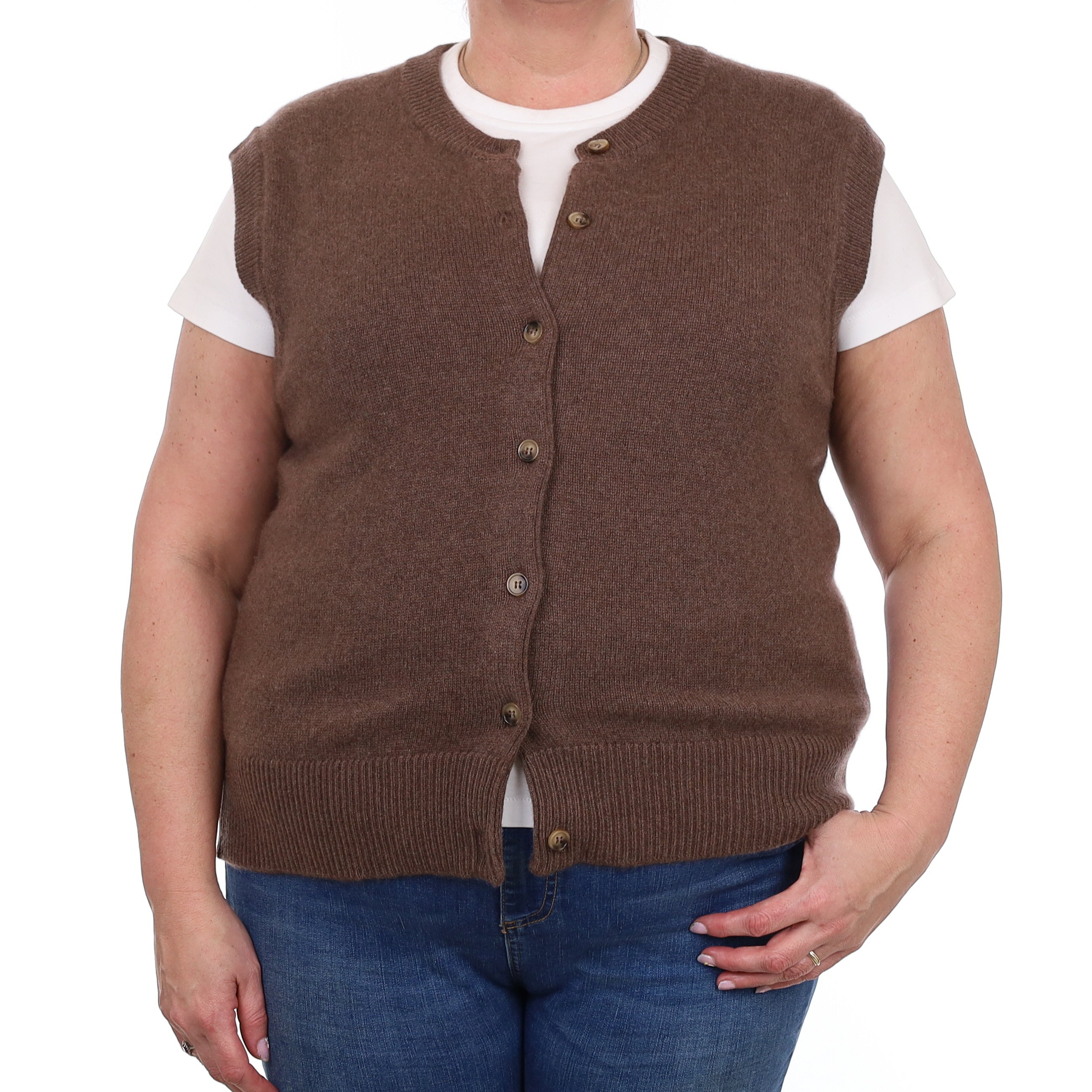 Brand New Mocha Luxury Cashmere Crew Neck Waistcoat Extra Large UK 20-22
