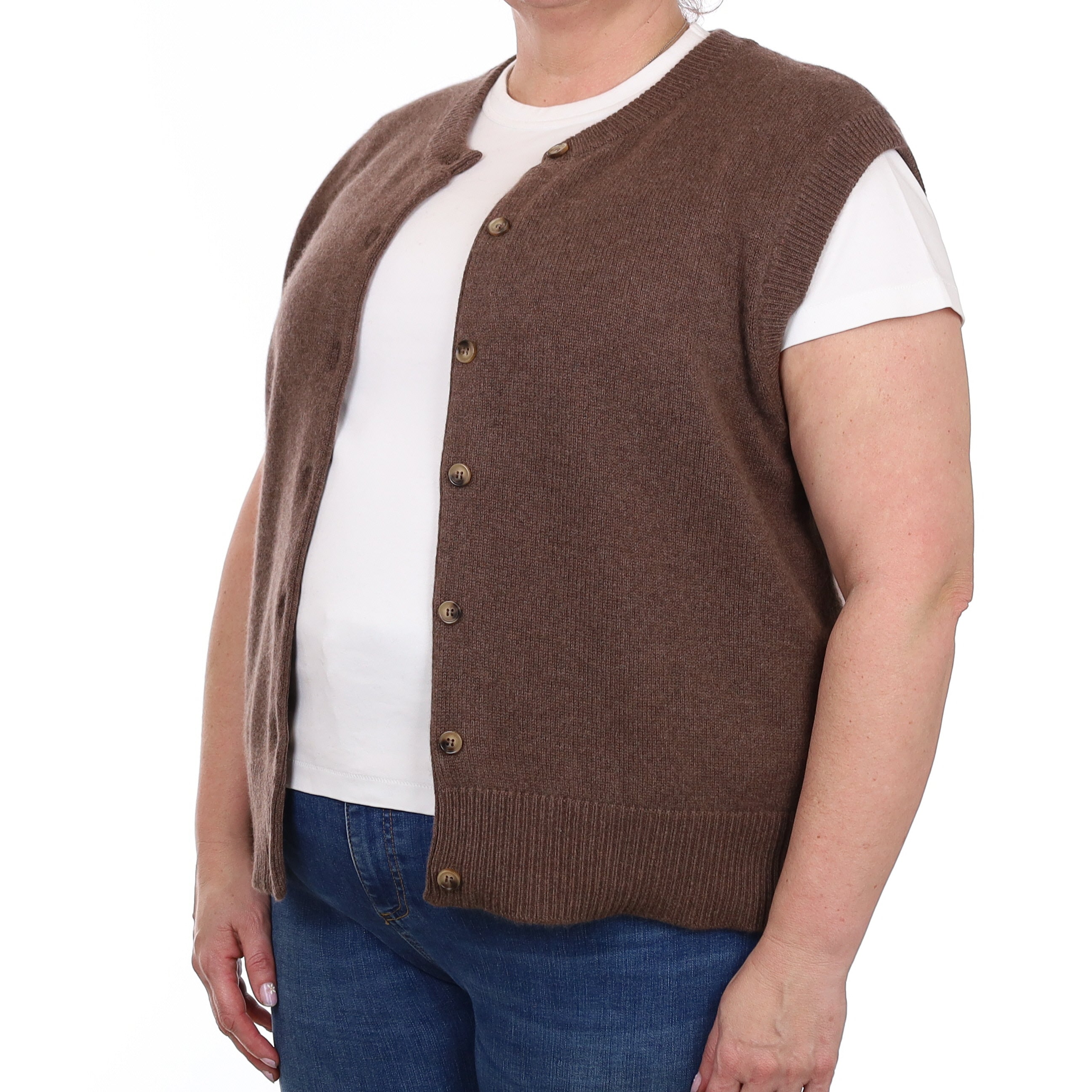 Brand New Mocha Luxury Cashmere Crew Neck Waistcoat Extra Large UK 20-22