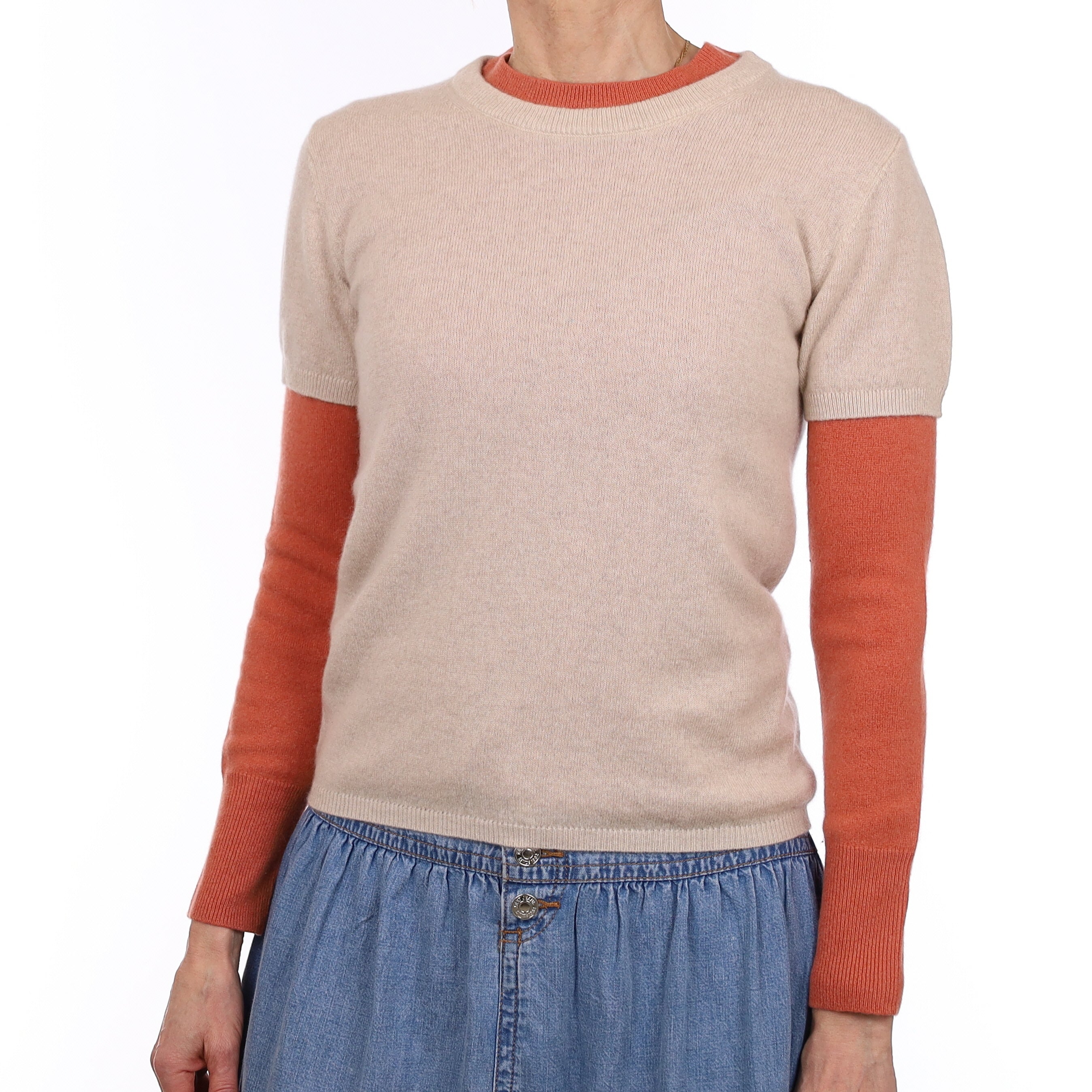 Brand New Sand Beige Cashmere Crew Neck T-Shirt Extra Small UK 6-8