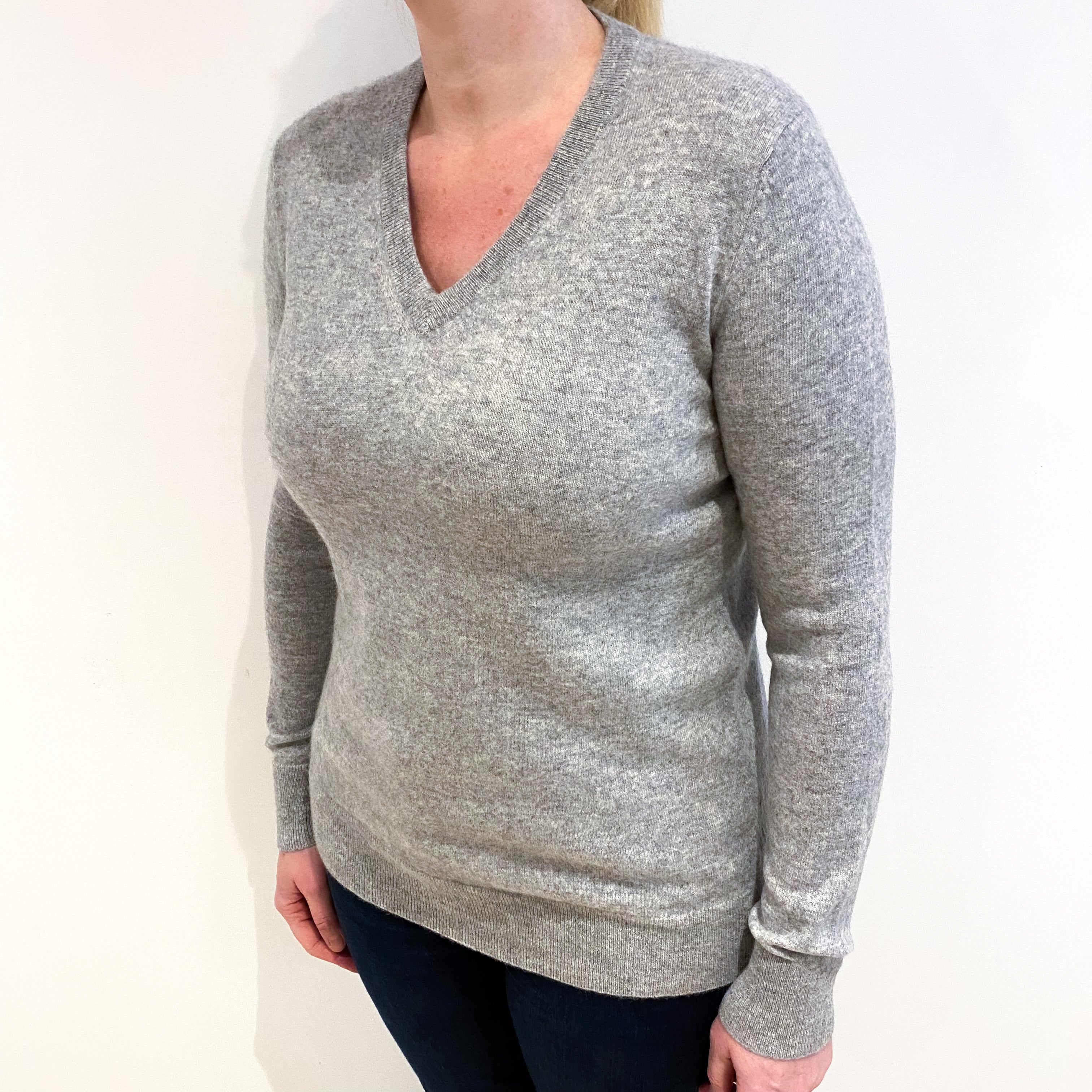 Smoke Grey Cashmere V Neck Jumper Large