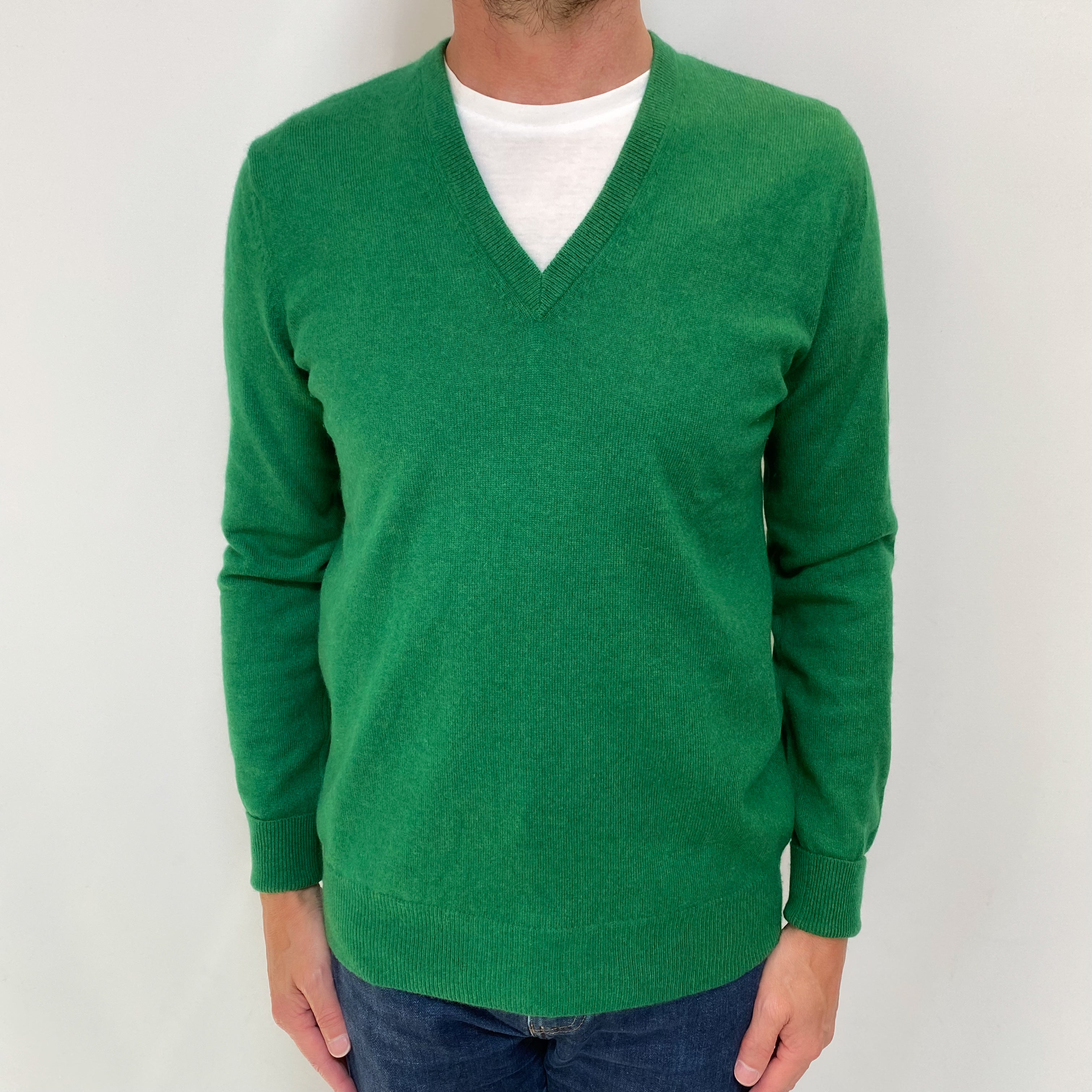 Men's Emerald Green Cashmere V Neck Jumper Small
