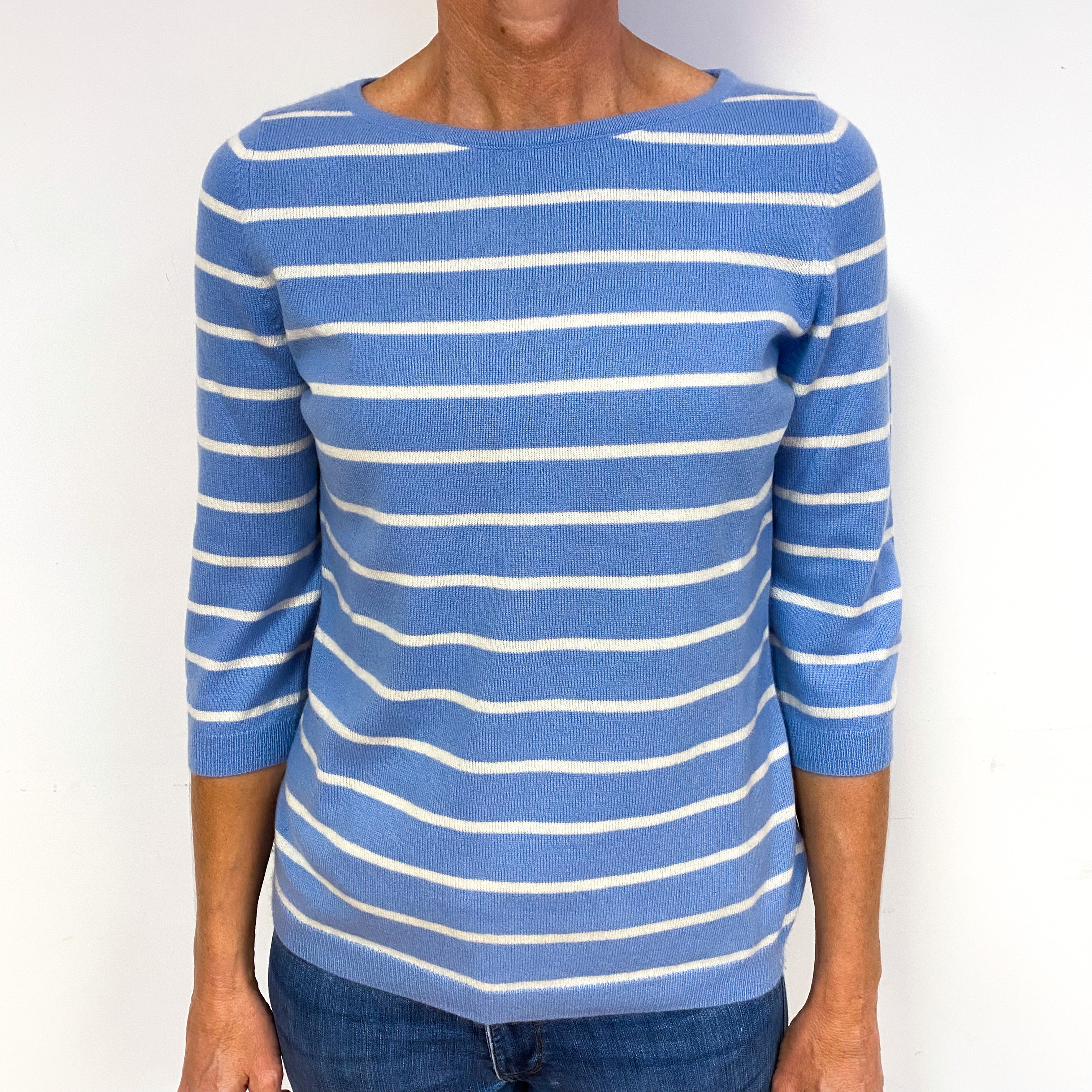 Sky Blue and Cream Striped 3/4 Sleeve Cashmere Crew Neck Jumper Medium