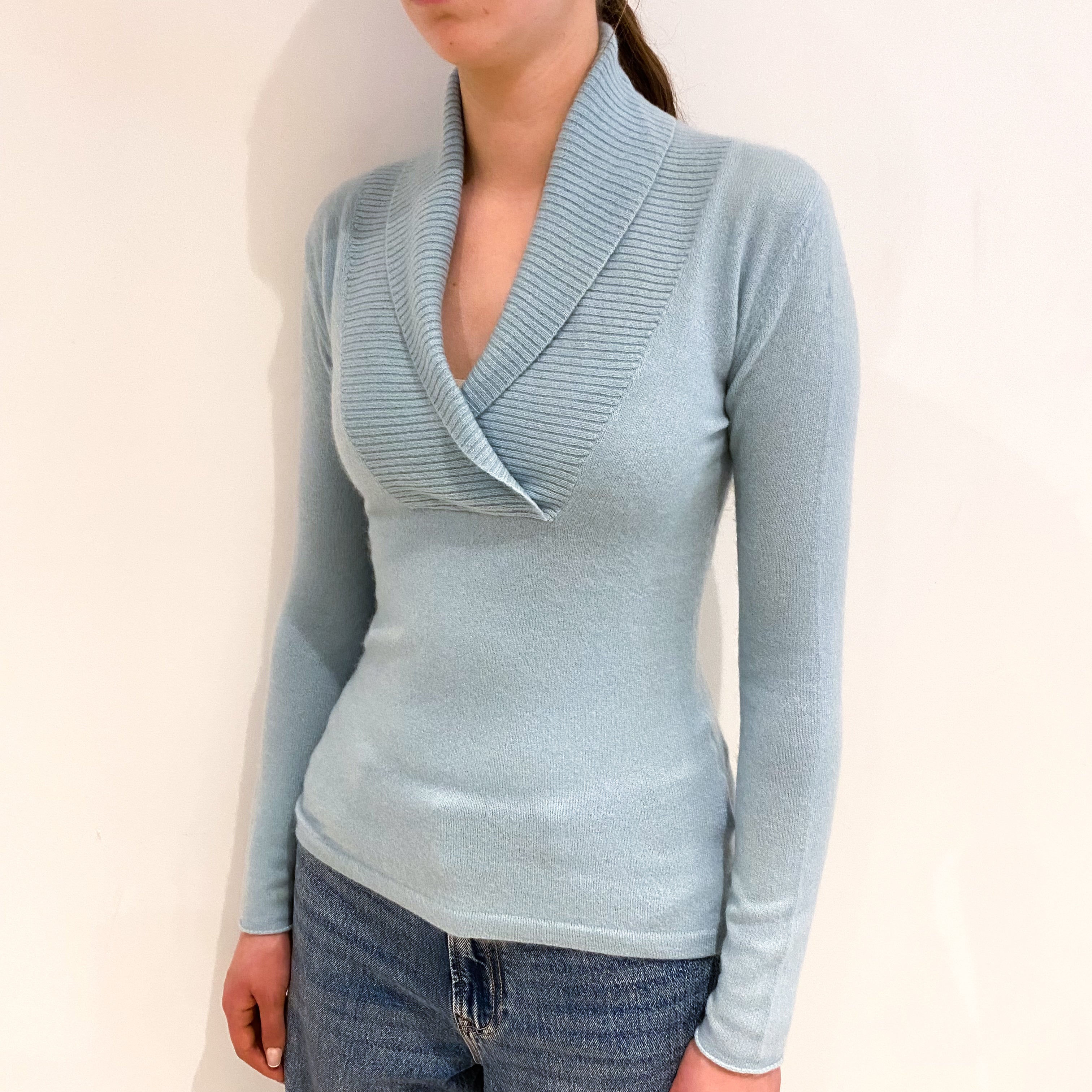 Mint Blue Cashmere Collared V Neck Jumper Extra Small