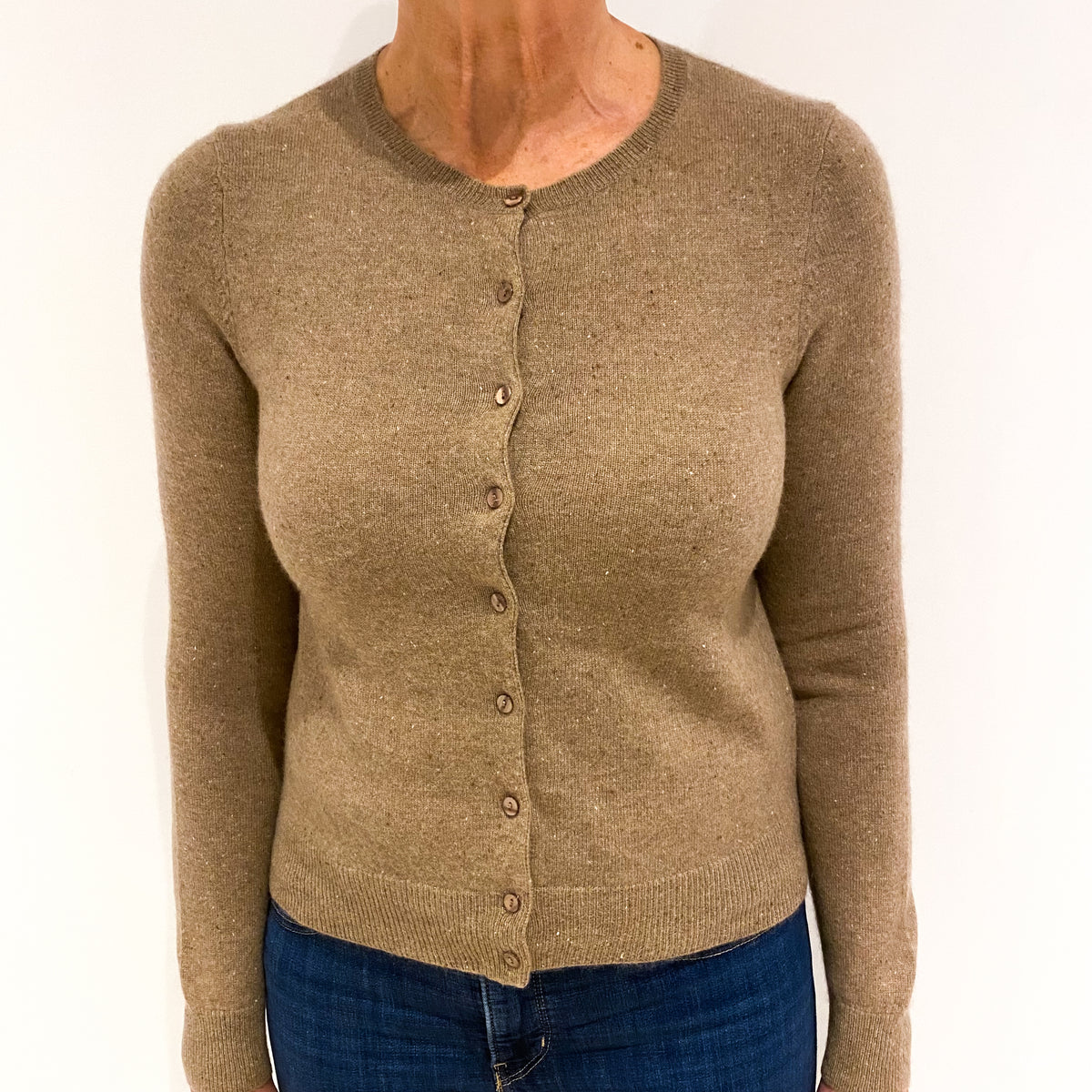 Toffee Brown Flecked Cashmere Crew Neck Cardigan Medium