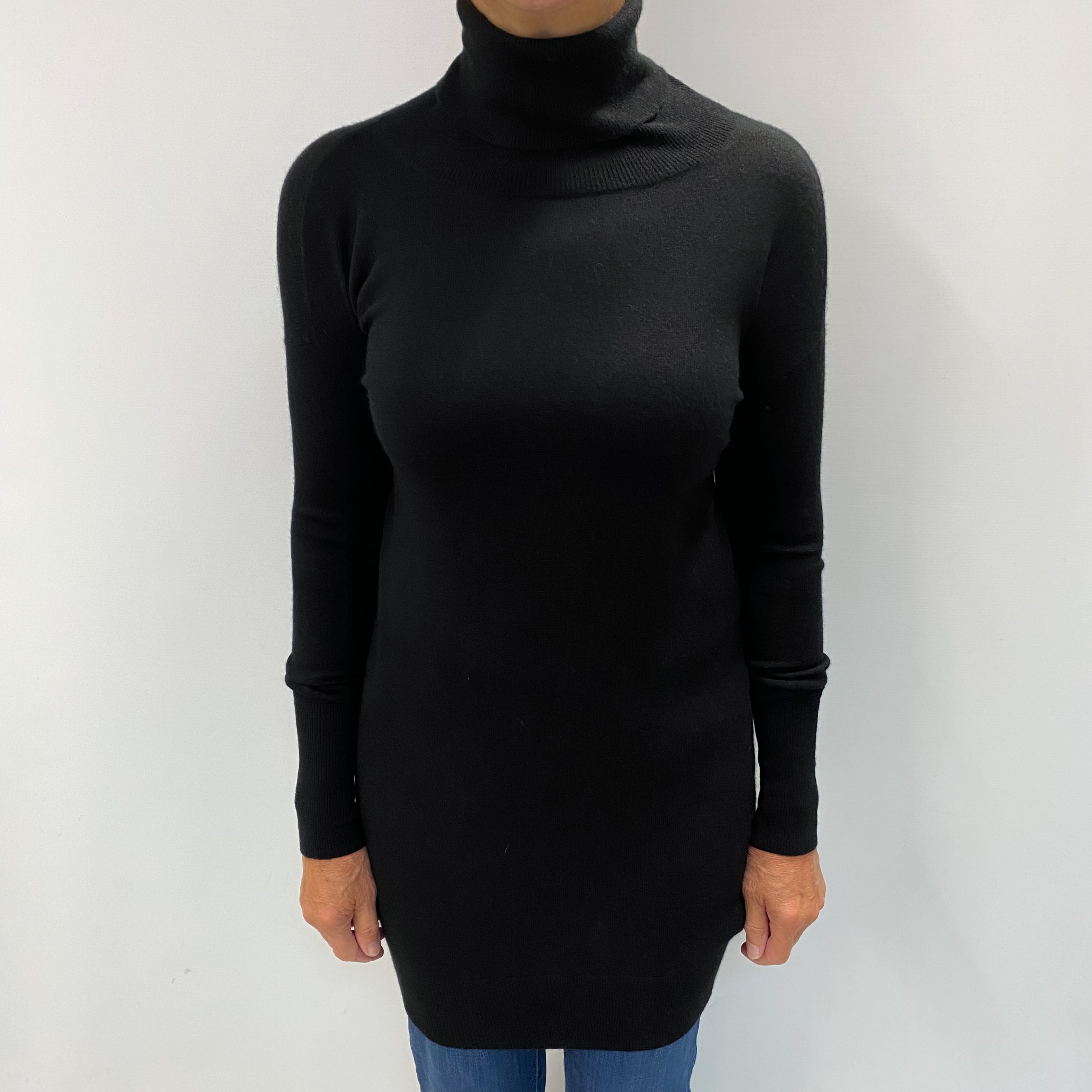 Black Cashmere Polo Neck Longline Jumper Medium