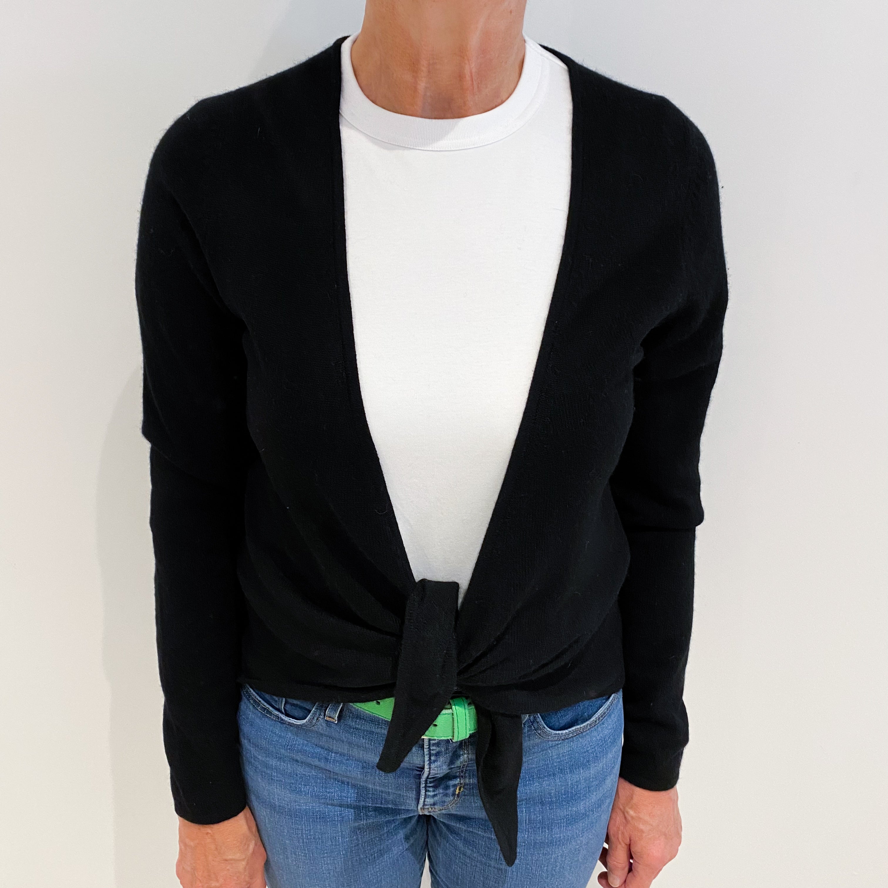 Black Lightweight Cashmere Tie Front Cardigan Medium