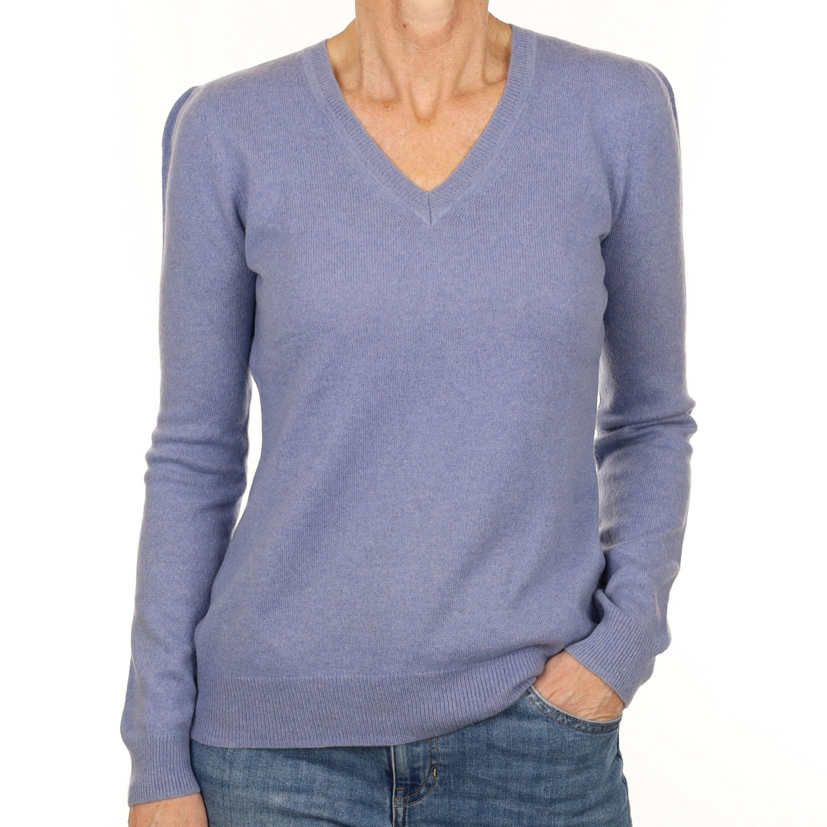 Denim Blue Cashmere Ruched Shoulder V Neck Jumper Small