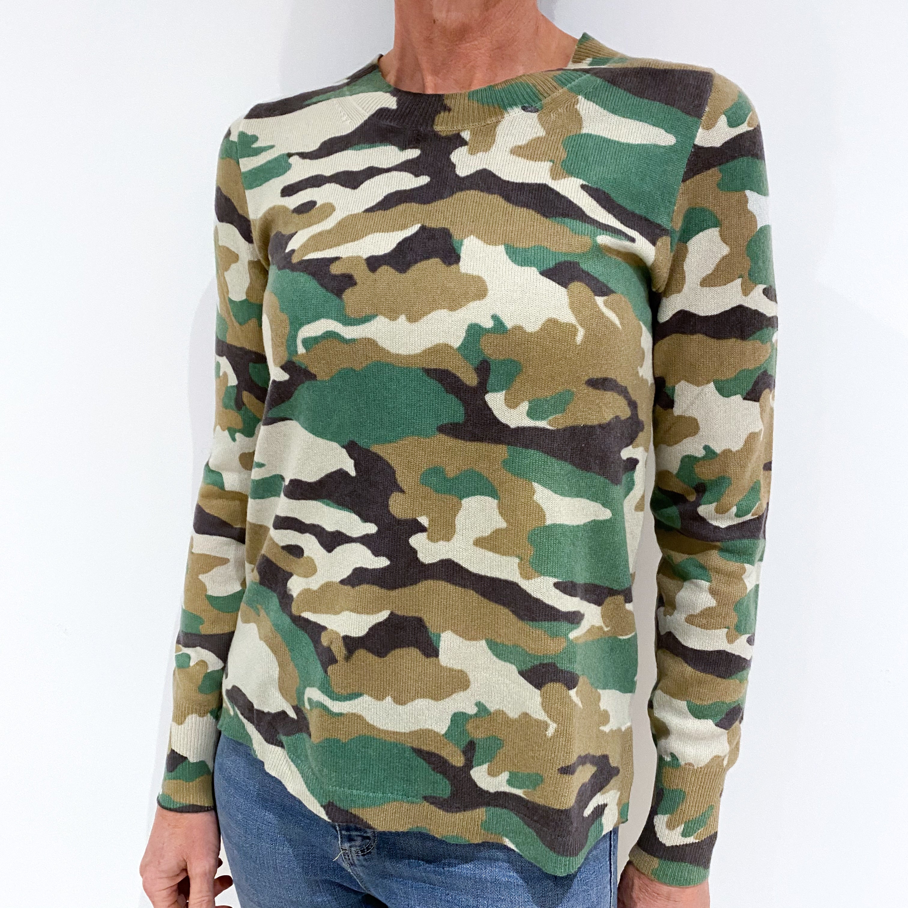 Green Camouflage Lightweight Cashmere Crew Neck Jumper Small