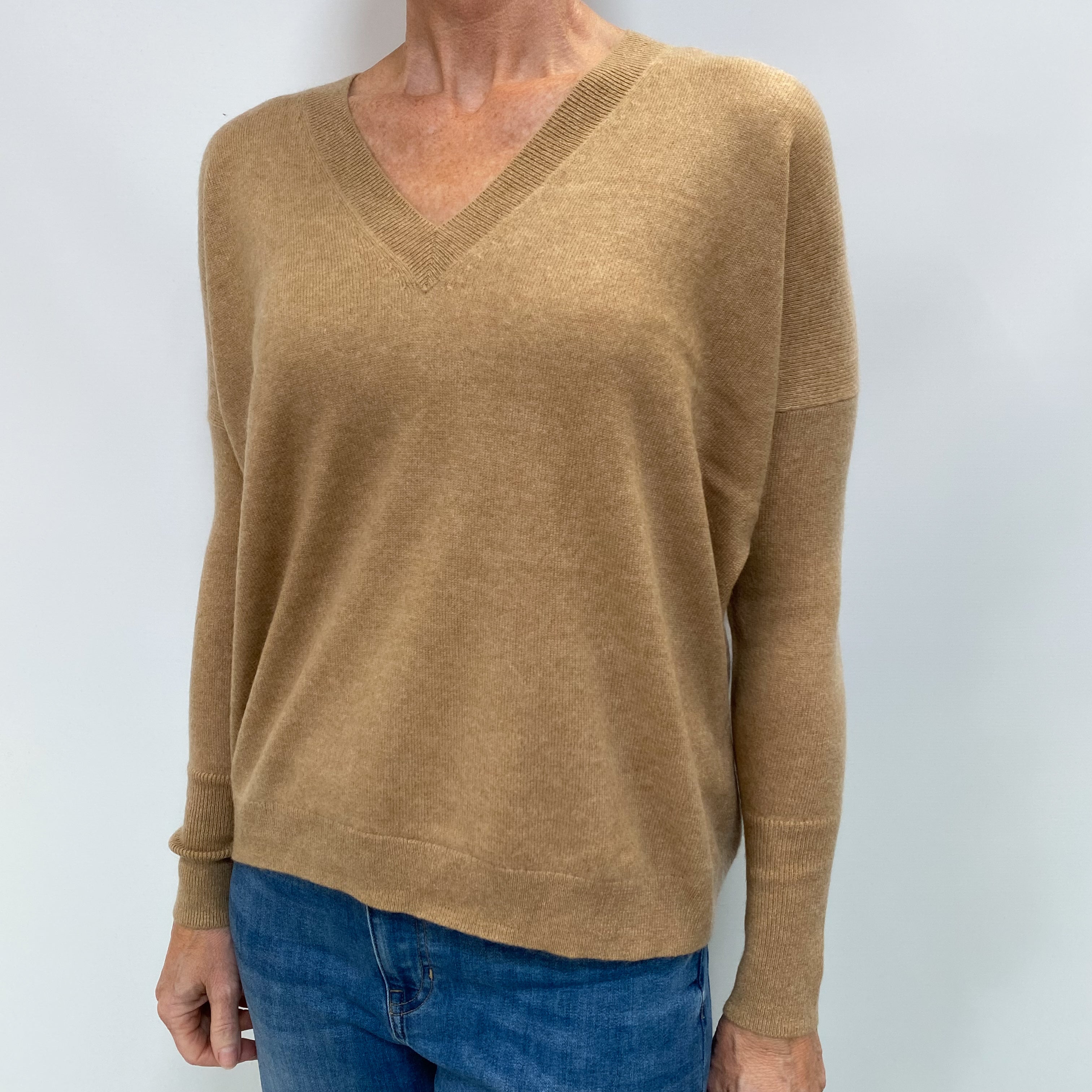 Camel Brown Cashmere V Neck Jumper Small