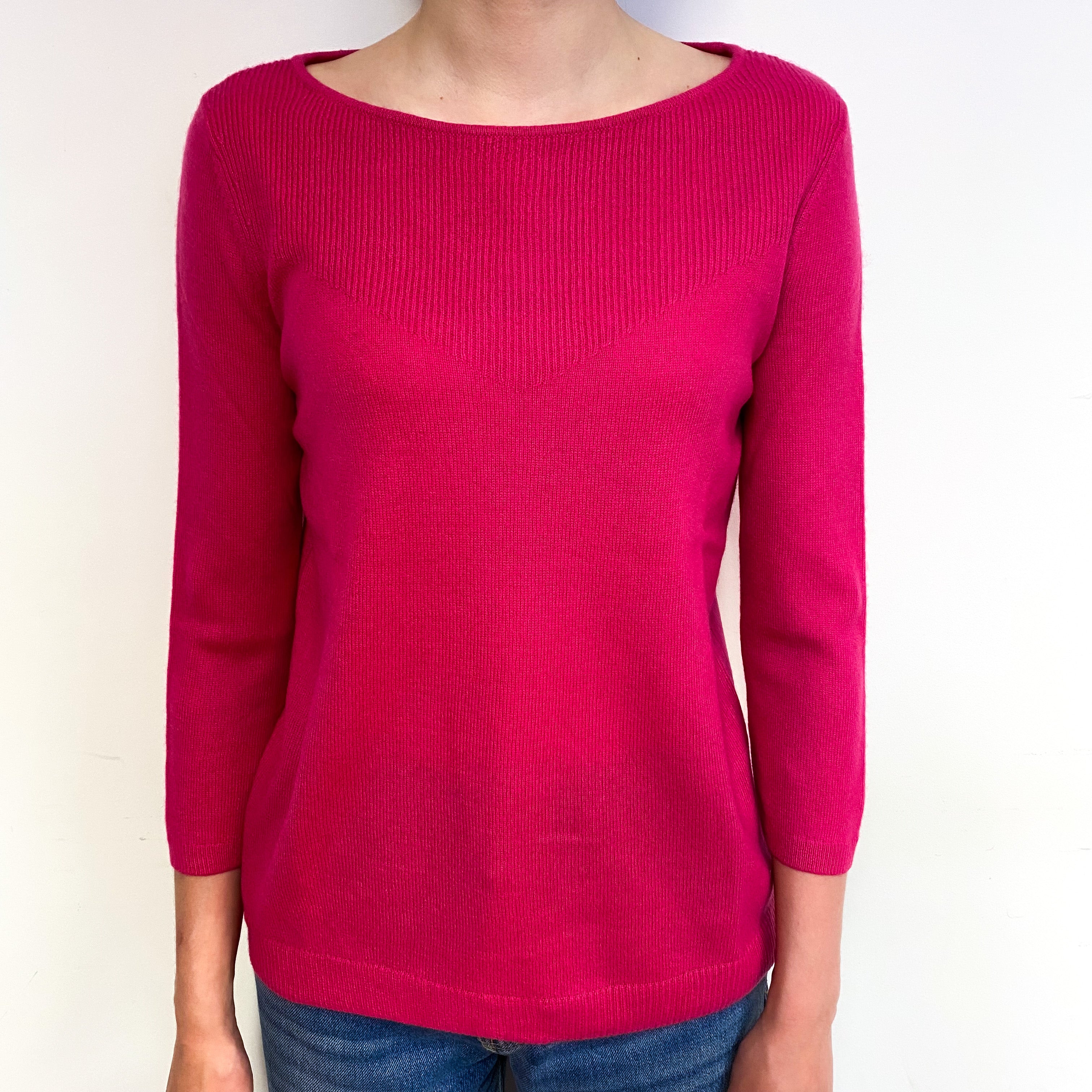 Fuchsia Pink 3/4 Sleeve Cashmere Crew Neck Jumper Extra Small