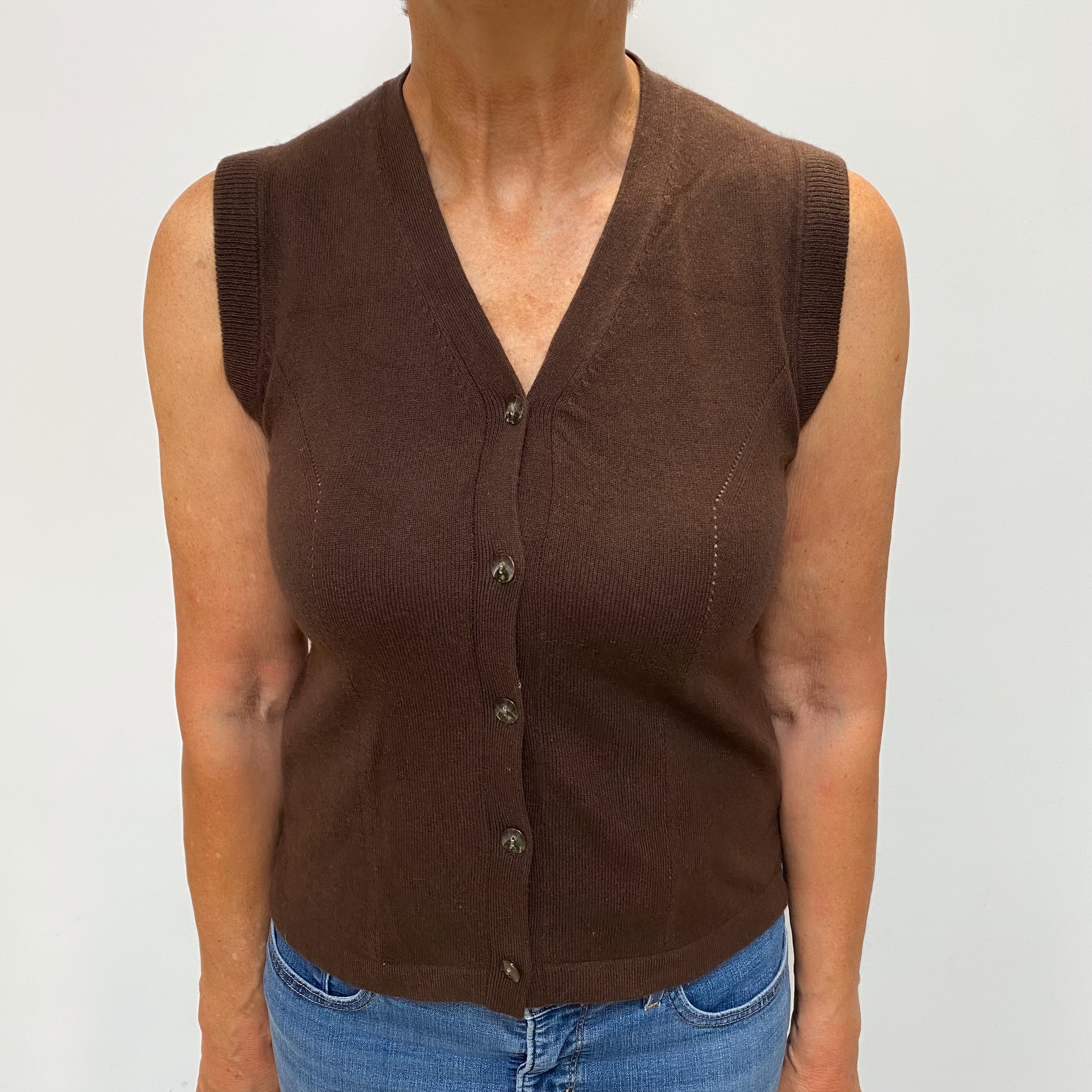 Dark Chocolate Brown Cashmere V Neck Sleeveless Cardigan Medium