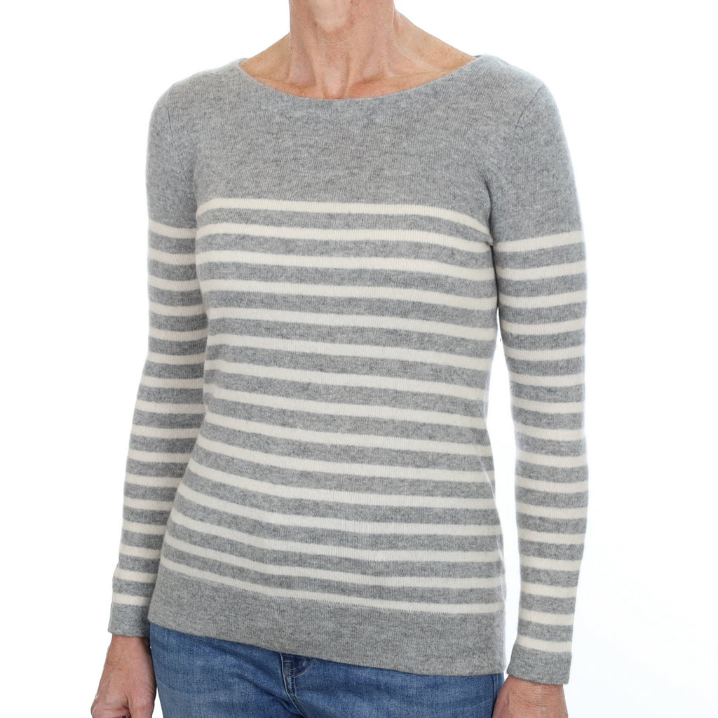 Smoke Grey and Cream Striped Cashmere Crew Neck Jumper Small