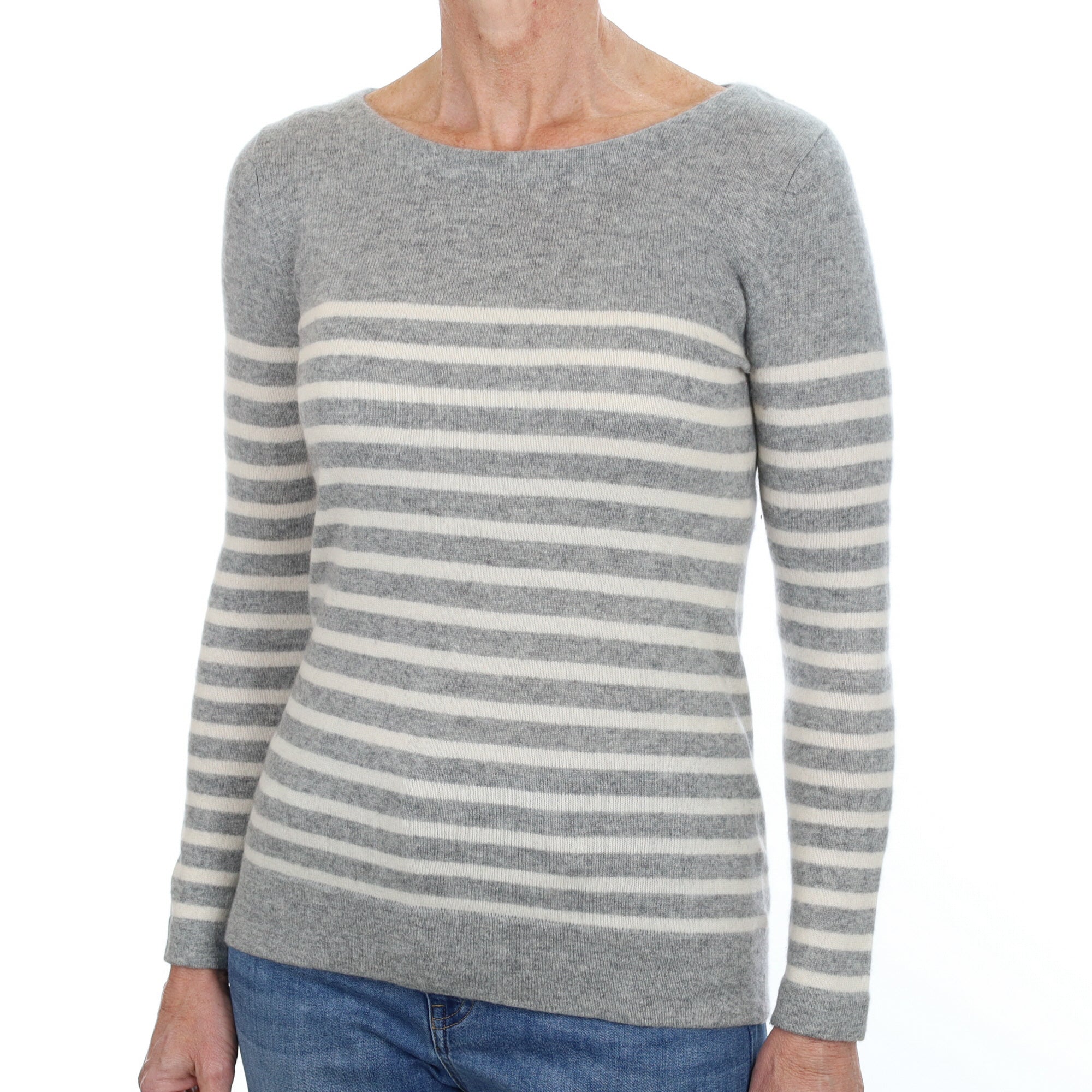 Smoke Grey and Cream Striped Cashmere Crew Neck Jumper Small