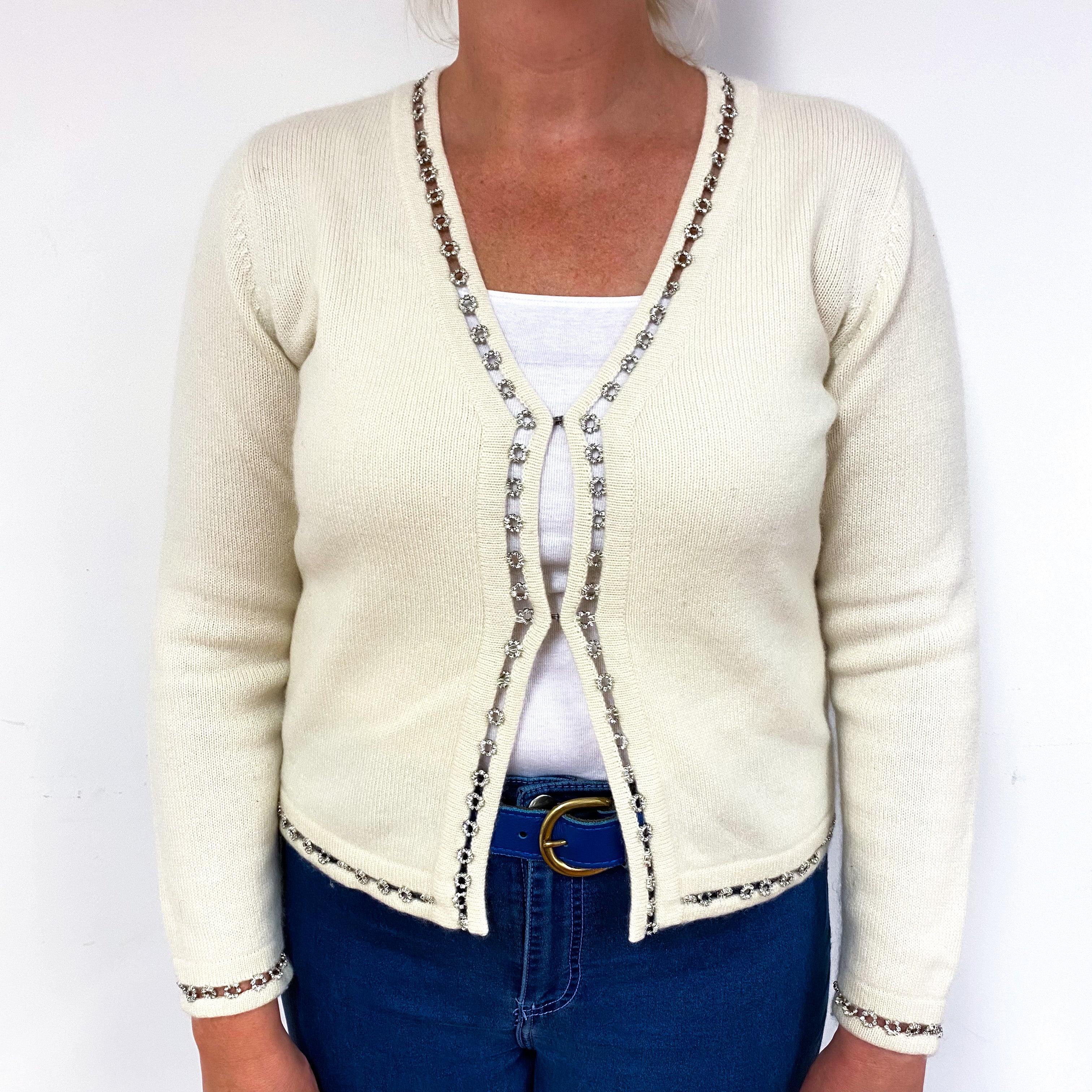 Cream Heavy Knit Cashmere Diamanté Trim Cardigan Large