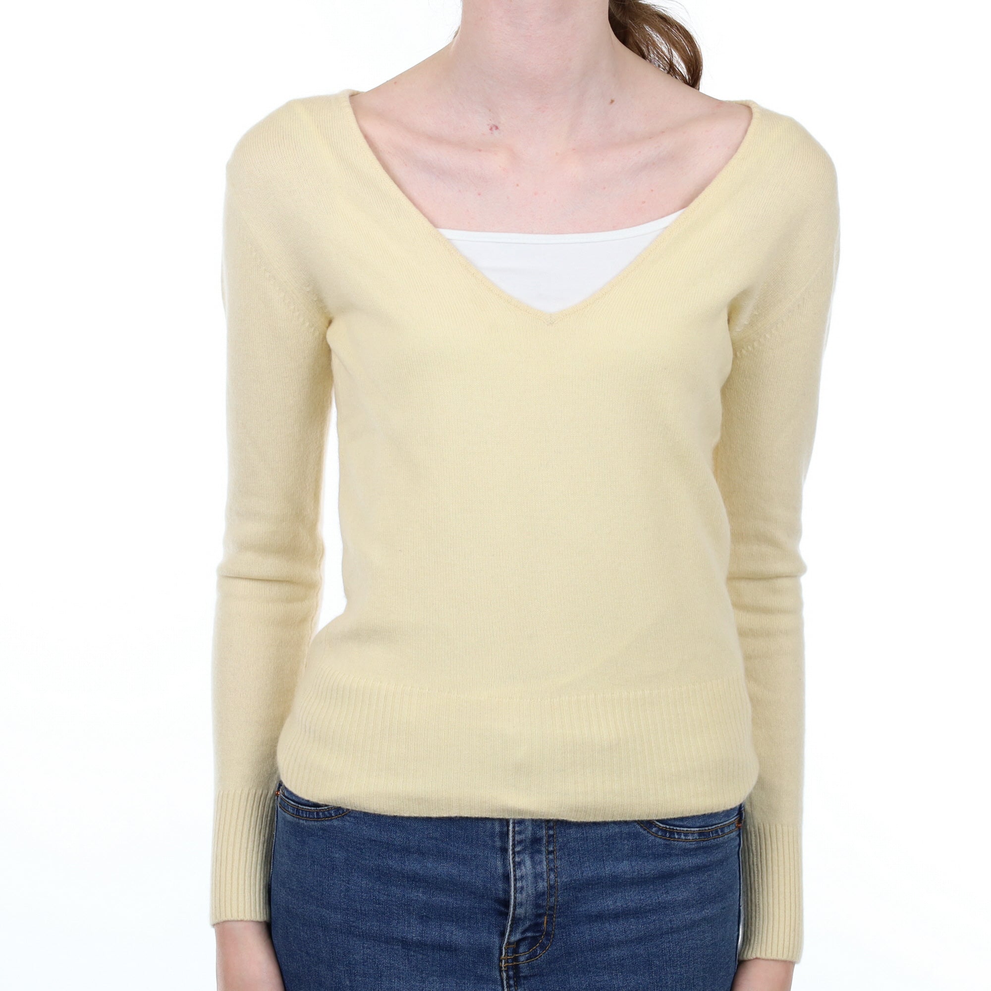 Vanilla Cream Cashmere V Neck Jumper Extra Small